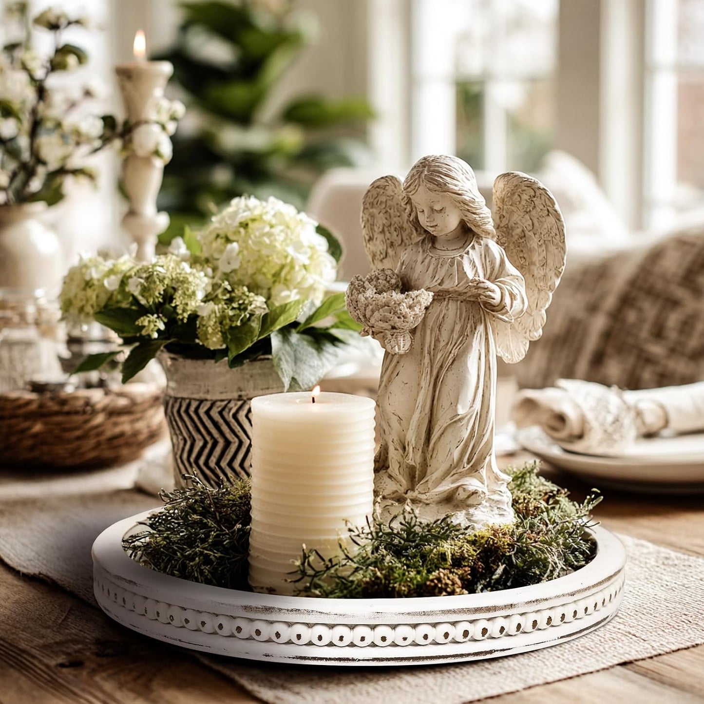 White Farmhouse Bead Round Trays / 11.8 / Washed White-beaded