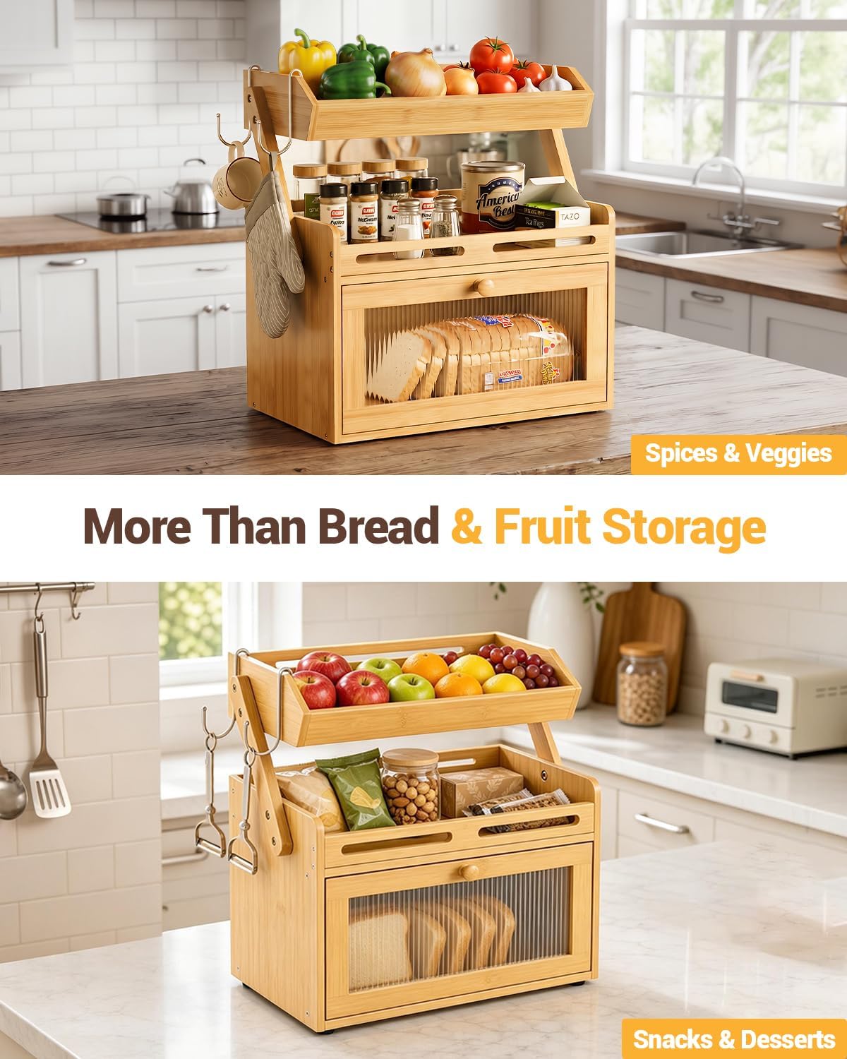 Bread Box for Kitchen Countertop, Bamboo Bread Storage with Fruit Basket | Raised-Rail Shelves, 2 Banana Hooks, Clear