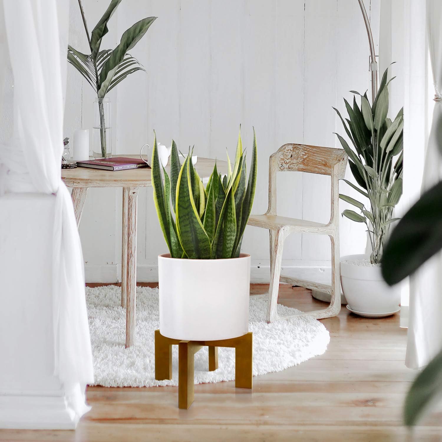 2 Pack Plant Stand Indoor Outdoor, Mid Century Plant Stand for Indoor Plants, Wood Modern Plant Holder Rattan Flower