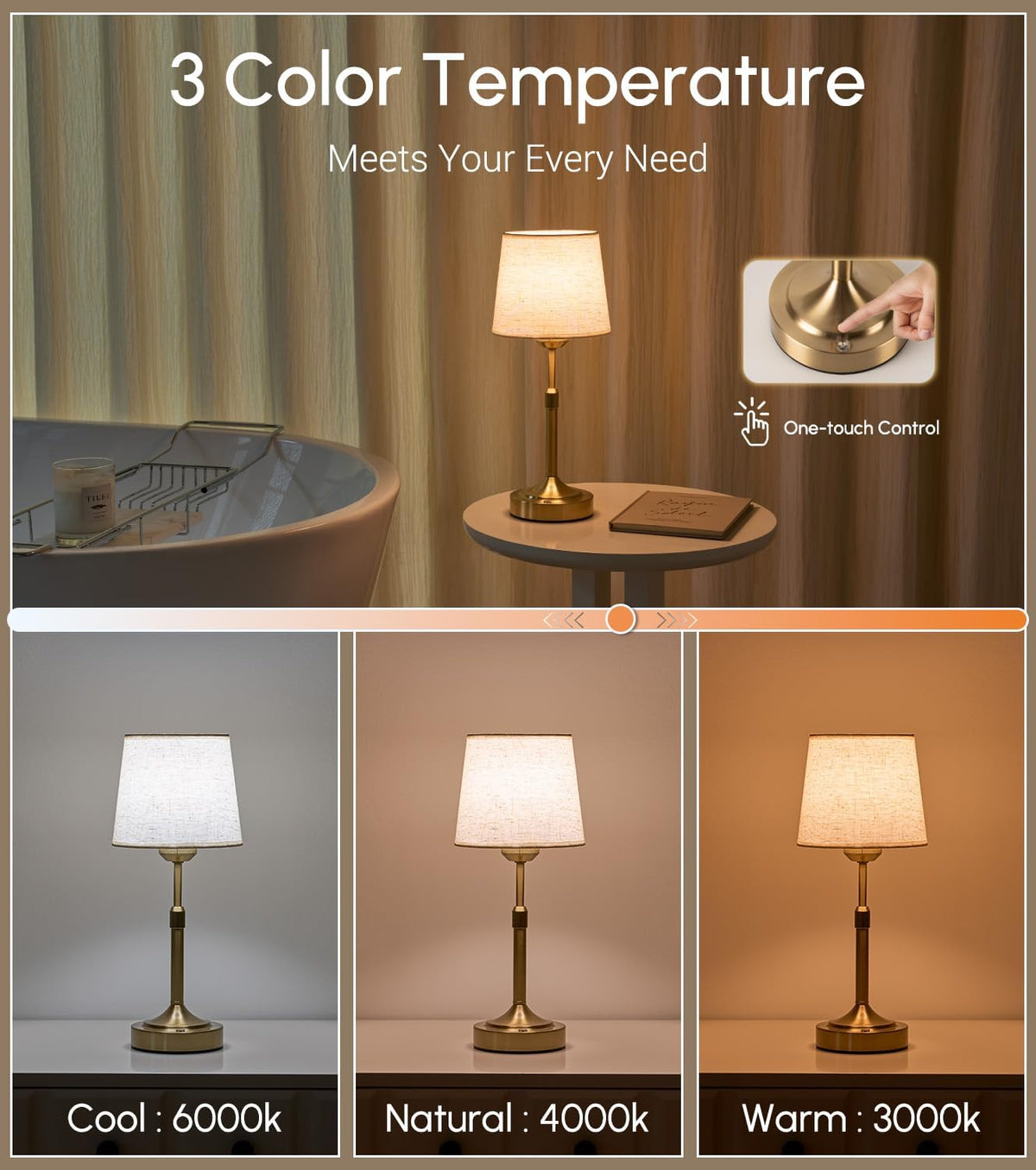 2 Pack Rechargeable Cordless Table Lamp - Small Table Lamp with 5200mAh Battery Operated, Bedside Lamps with 3 Color