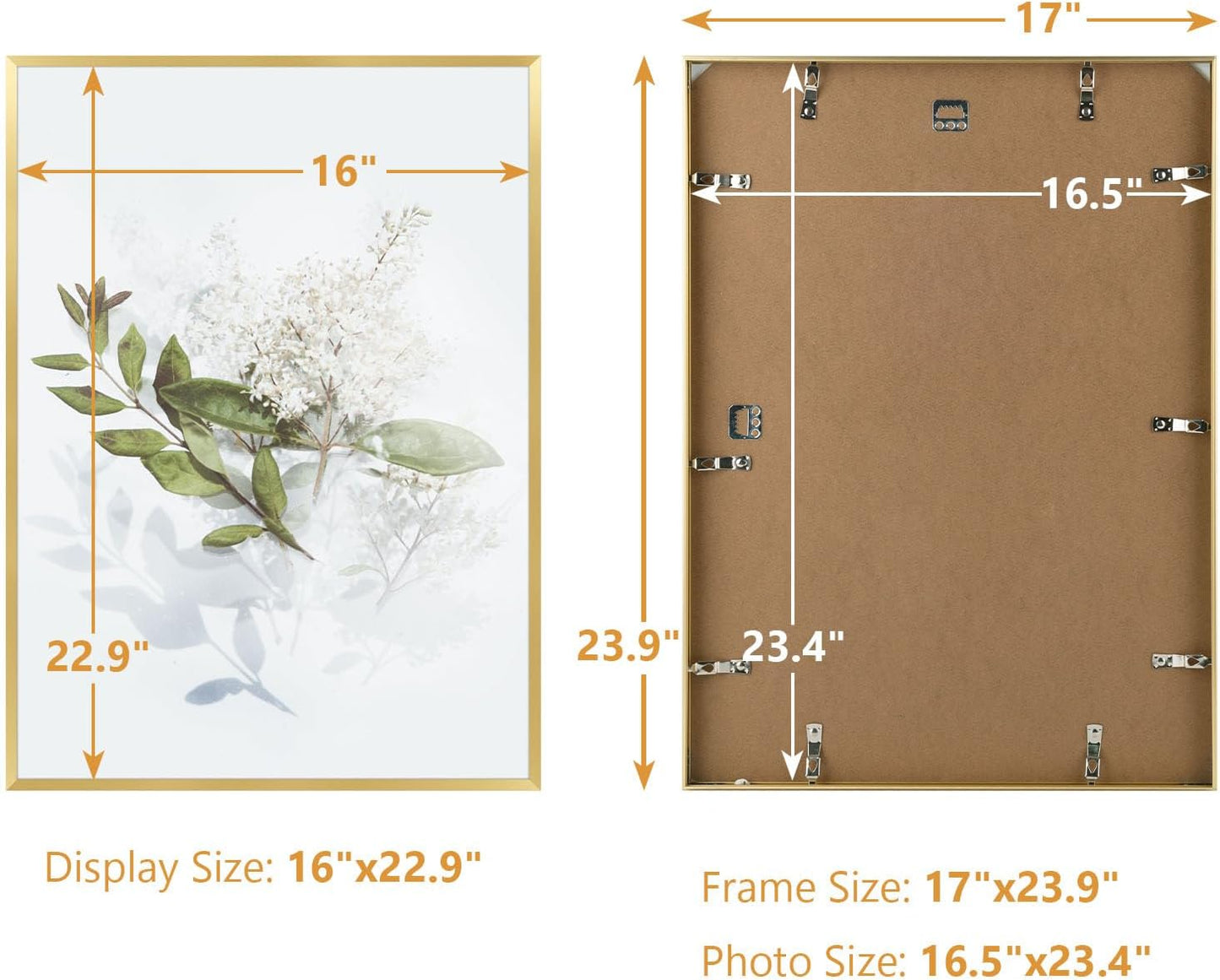 Golden State Art A2 Aluminum Poster Frame Acrylic Front Gold | Metal Thin Frames for 16.5x23.4 Photo, Wall Hooks for