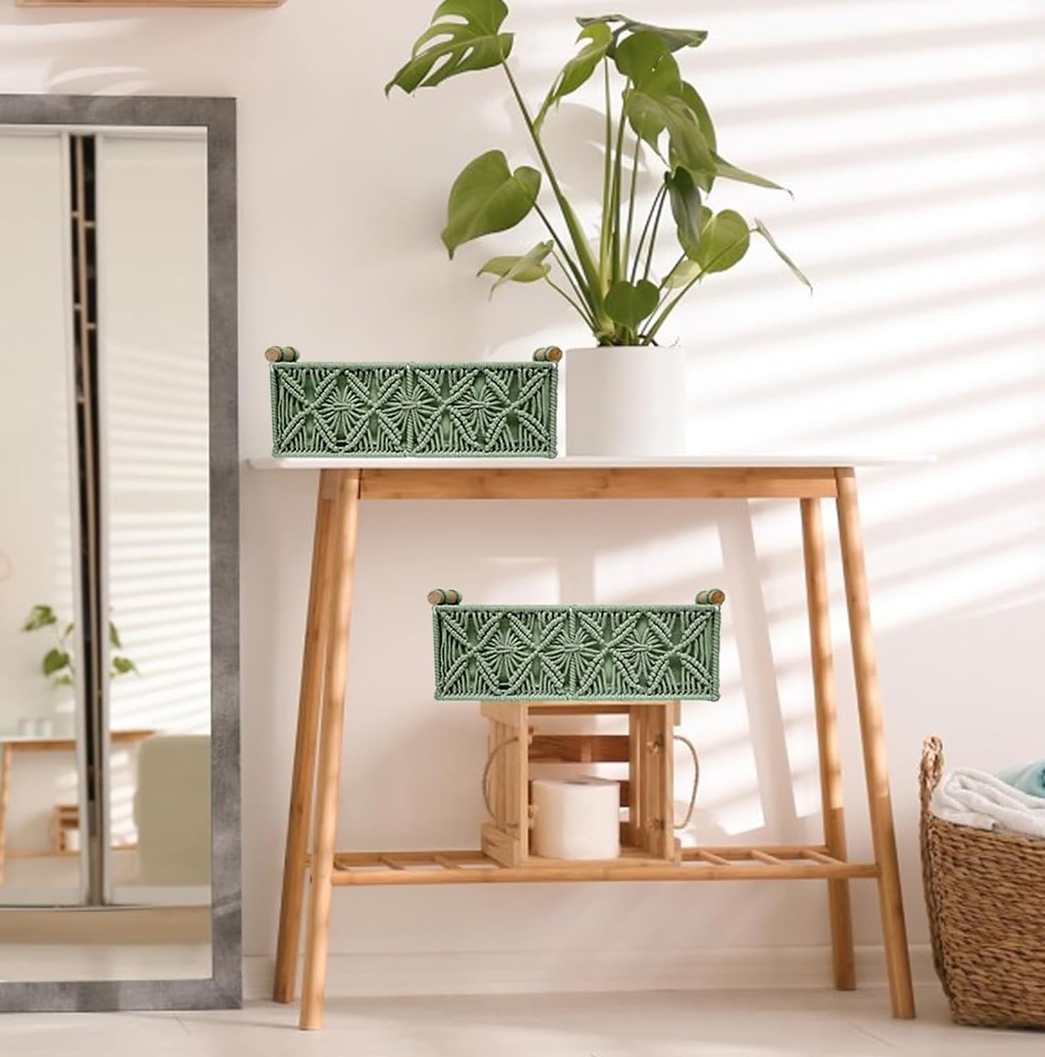 Macrame Boho Decor Baskets for Organizing Woven Decorative Basket for Countertop Toilet / Green