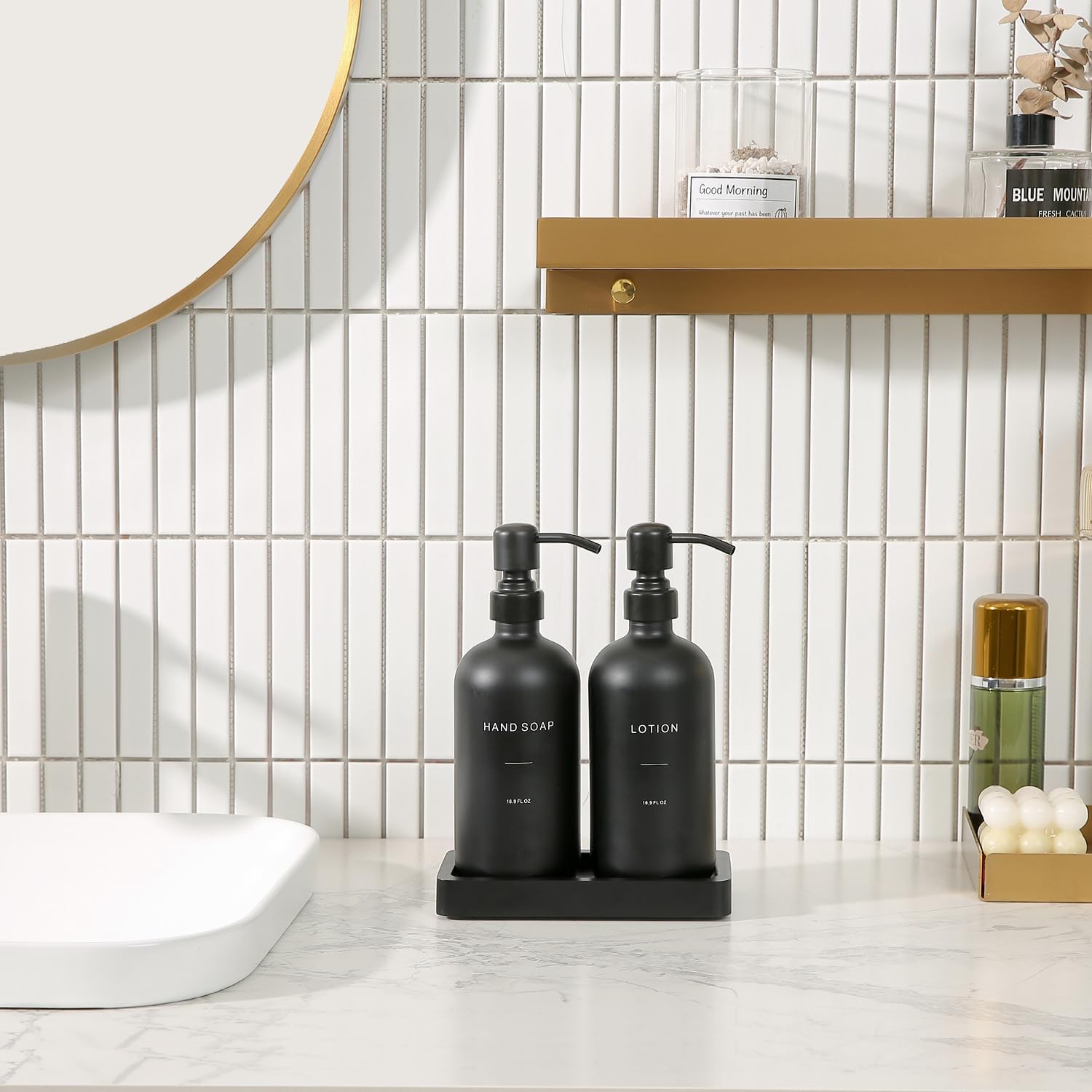 Prus Waso Black Soap Dispenser Bathroom Set | Soap and Lotion Dispenser Set with Stainless Steel Pump, Perfect for