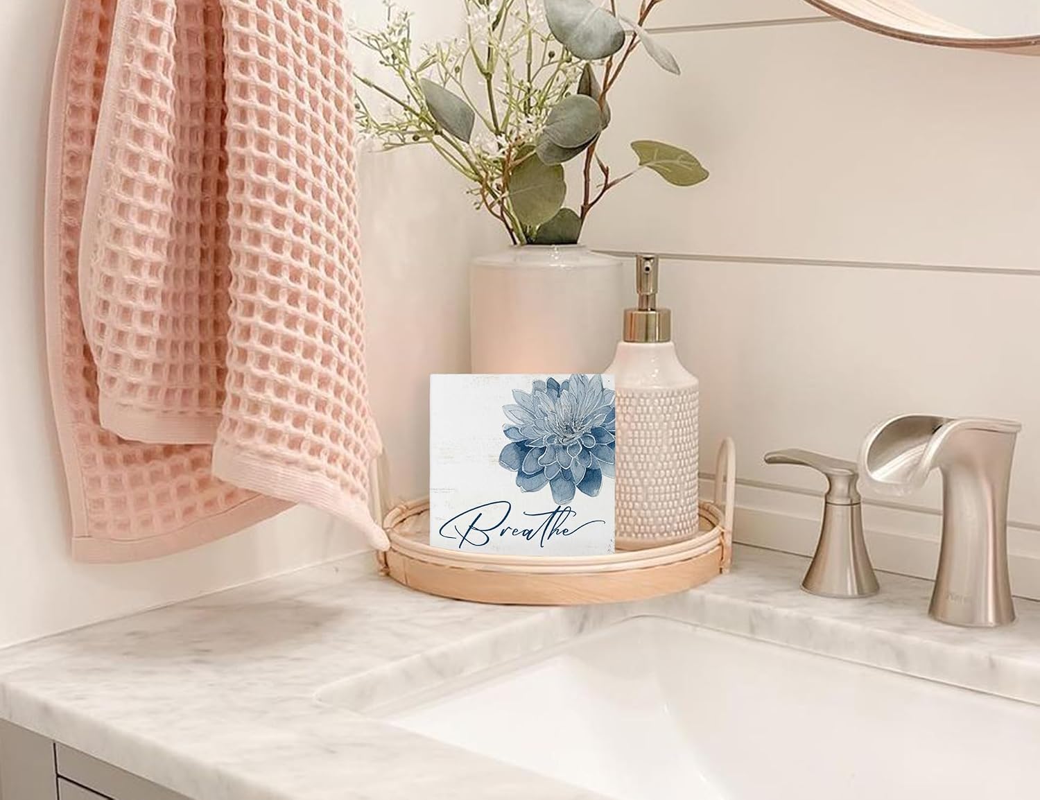 Breathe Flower Wooden Box Sig / Bathroom Sign / Blue