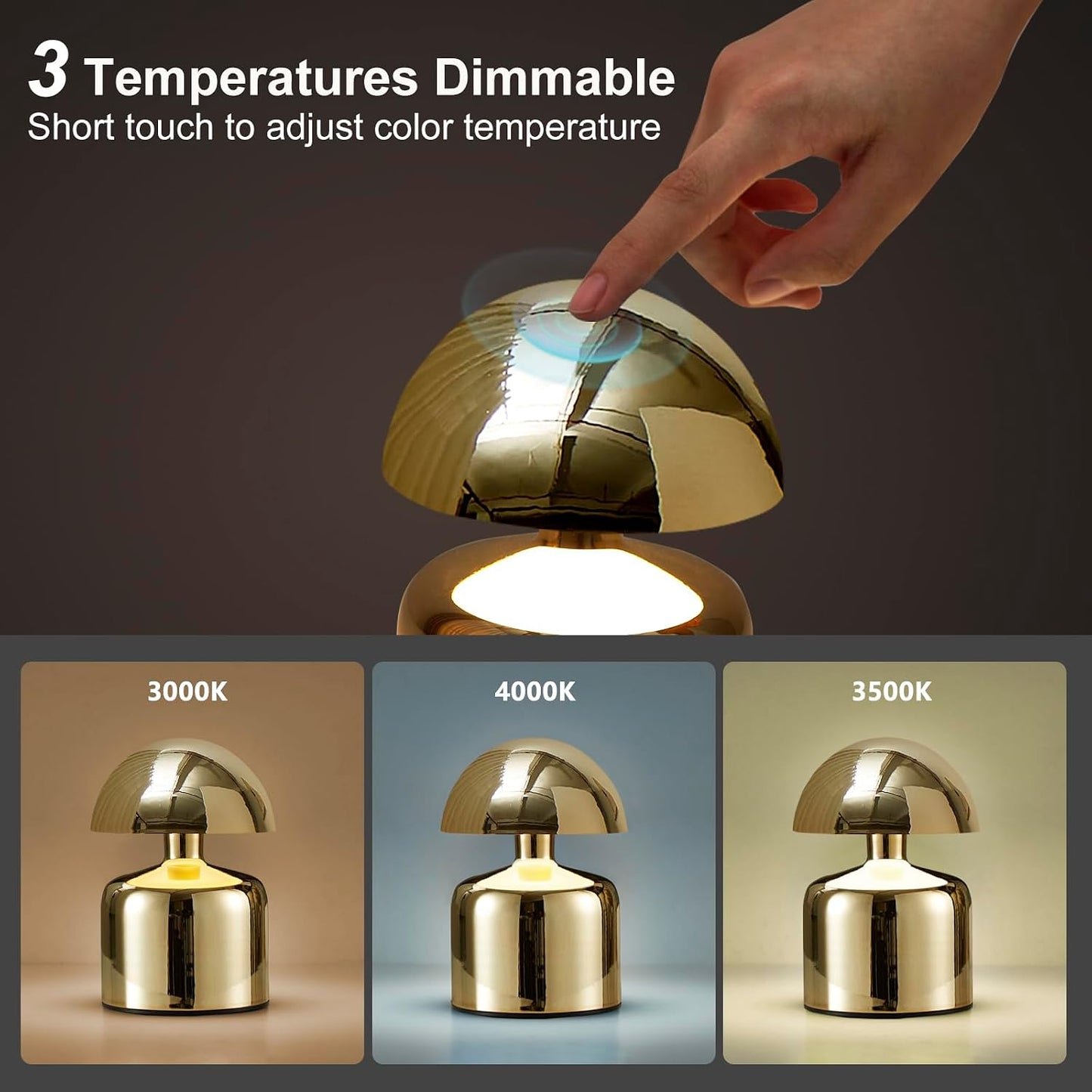 SAIWEYA Modern Cordless Mushroom Small Table Lamp, Dimmable Touch Battery | 3-Way Dimmable, Mini Rechargeable LED Desk