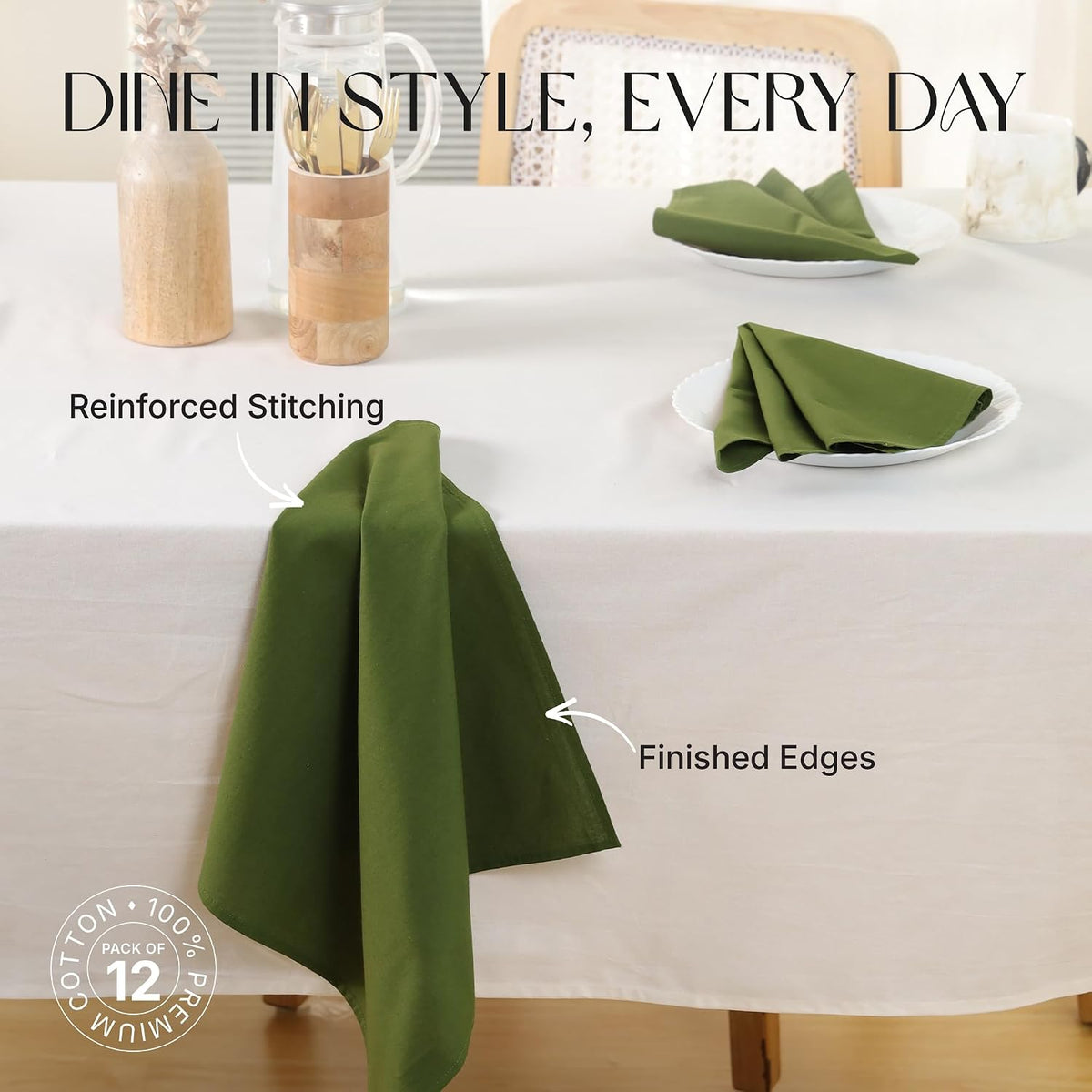 Cloth Napkins Set of 12, 100% Cotton Fabric Reusable Dinner Napkins, 18 x 18 Inch Washable Table & Kitchen Napkins for
