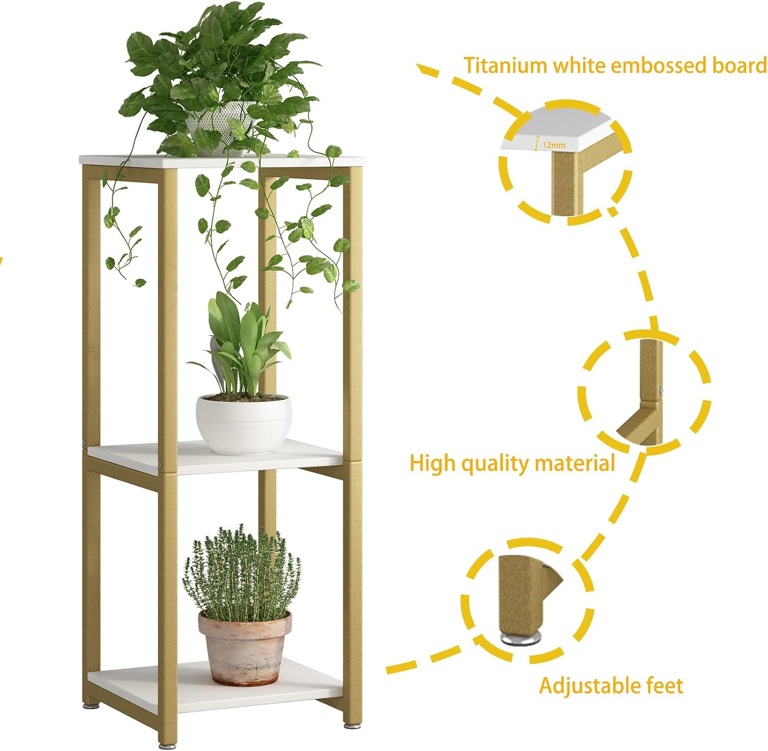 3 Tier Plant Stand Indoor Corner Tall Square Shape Plant Shelf | Modern Metal MDF board Flower Storage,Suitable tight