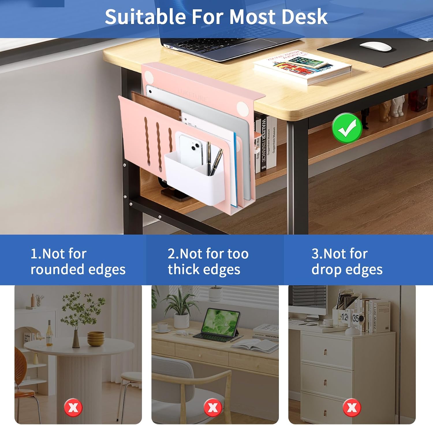 LUKETURE Desk Side Storage, 2 Tie Laptop Holder No Drill Clamp On Organizer | Sturdy Steel Double Tier Strong, Magnetic
