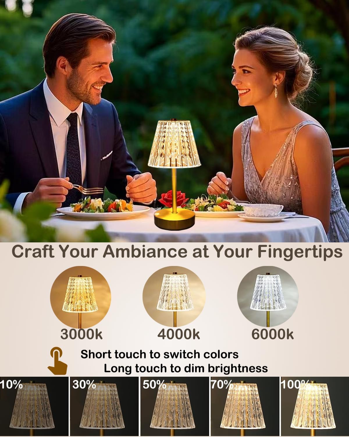 Gold Cordless Table Lamp Rechargeable,5000mAh Battery Operated Lamps,Mini Small Crystal Table Lamp for Restaurant
