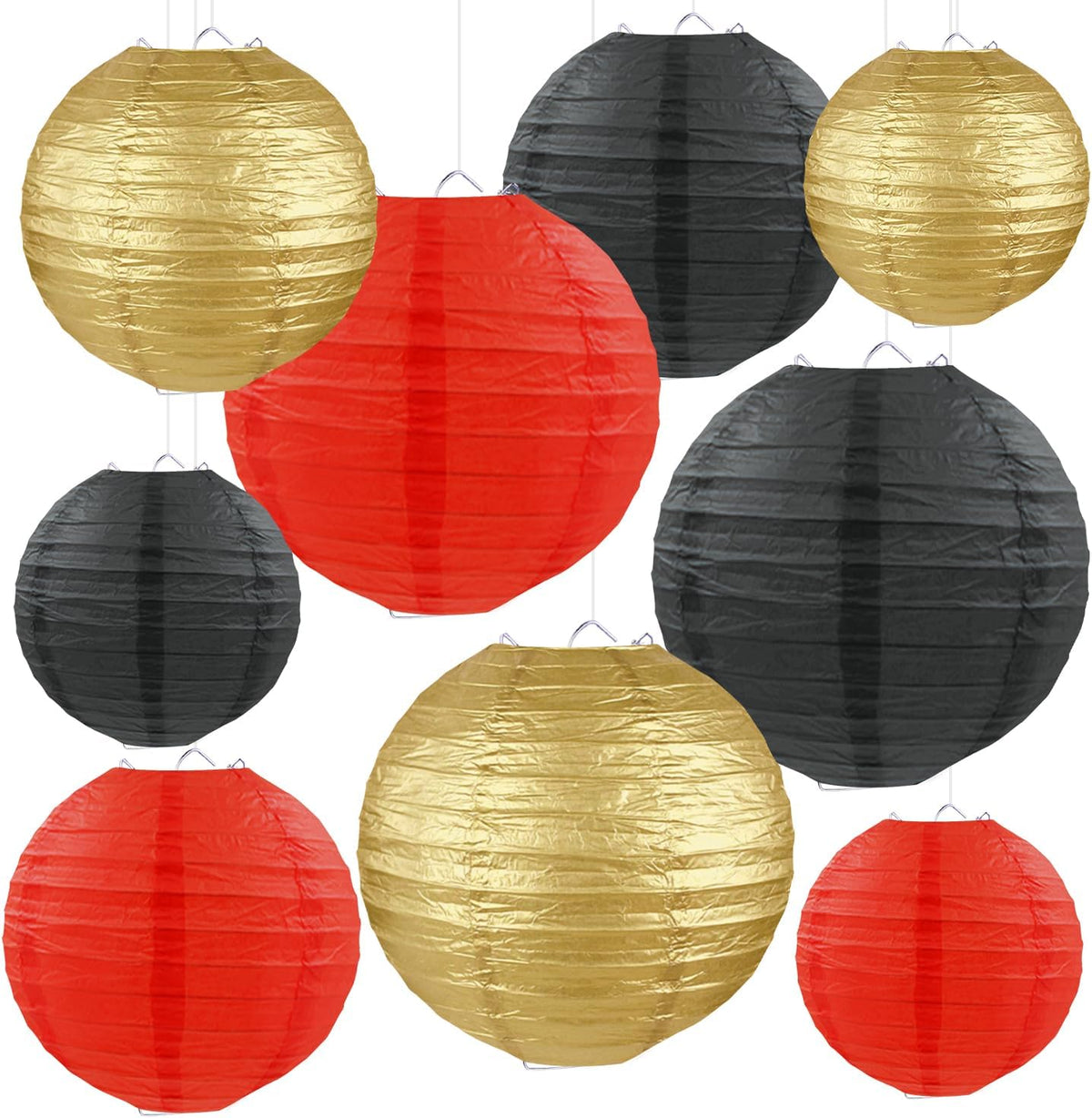 Red Black Gold Paper Lanterns, Round Hanging Paper Lanterns Decorations for Graduation Birthday Wedding Anniversary Baby Shower Holiday Party Supplies (9 PCS)