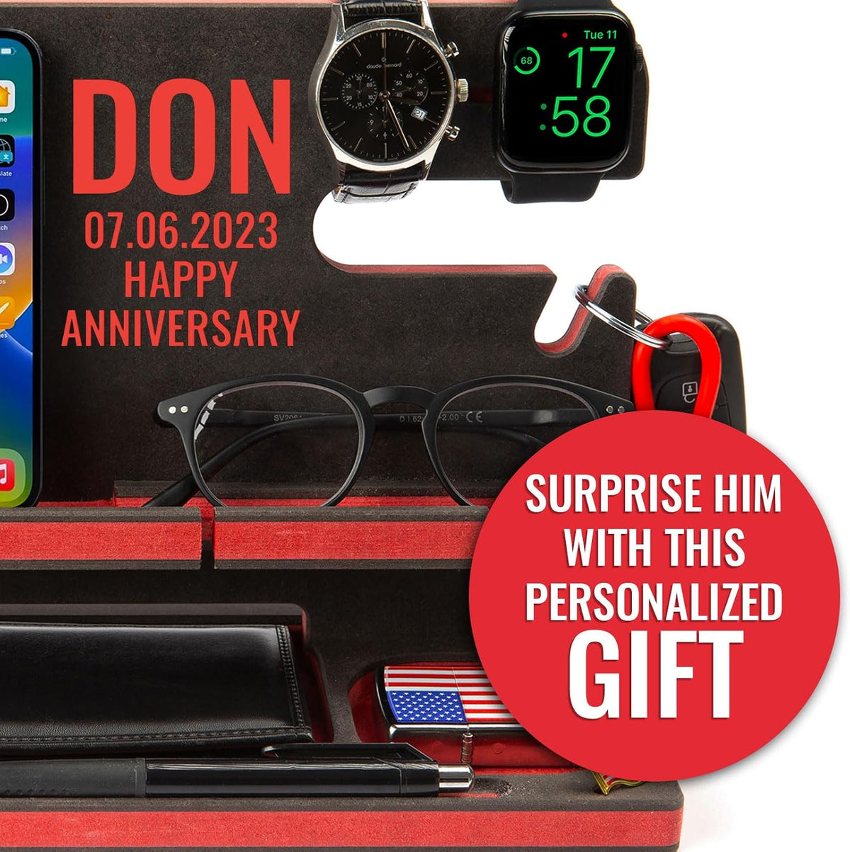 Wooden Docking Station for Cell Phone, Tablet, Wallet, Gadgets, Watch, Keys, Accessories, Essentials Desk Organizer