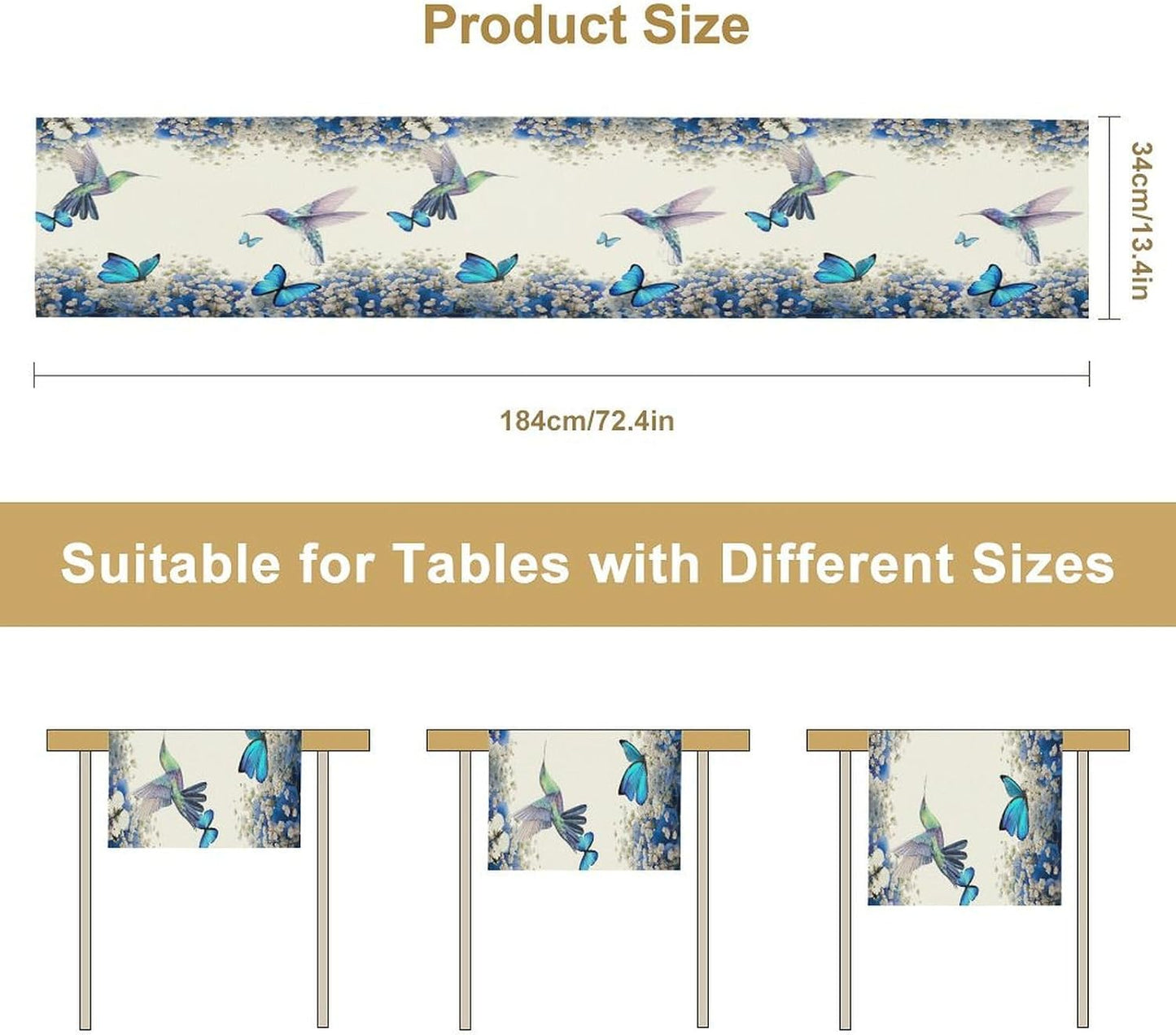 Hummingbird Flower Table Runner, Watercolor Spring Garden Theme Blue Flowers Butterfly Hummingbird Patterns Printed