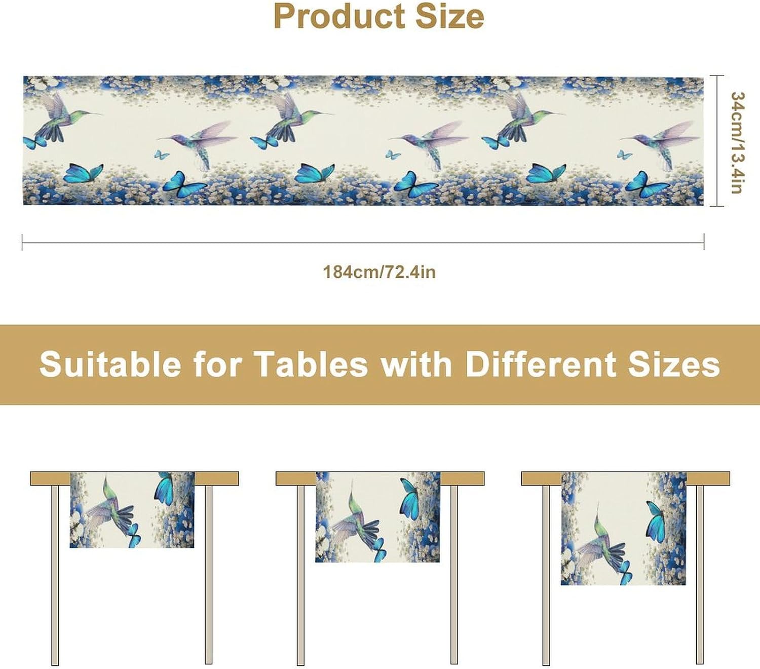 Hummingbird Flower Table Runner, Watercolor Spring Garden Theme Blue Flowers Butterfly Hummingbird Patterns Printed