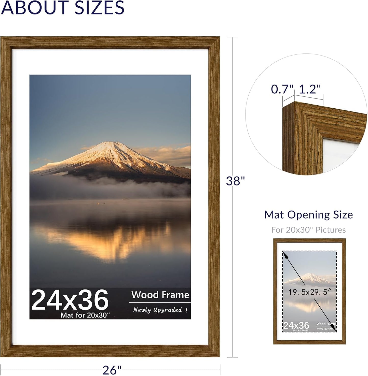 24X36 Poster Frame, Display Pictures 20X30 with Mat or 24X36 Without, Wall Hanging Frames, Rustic Brown, 3 Pack