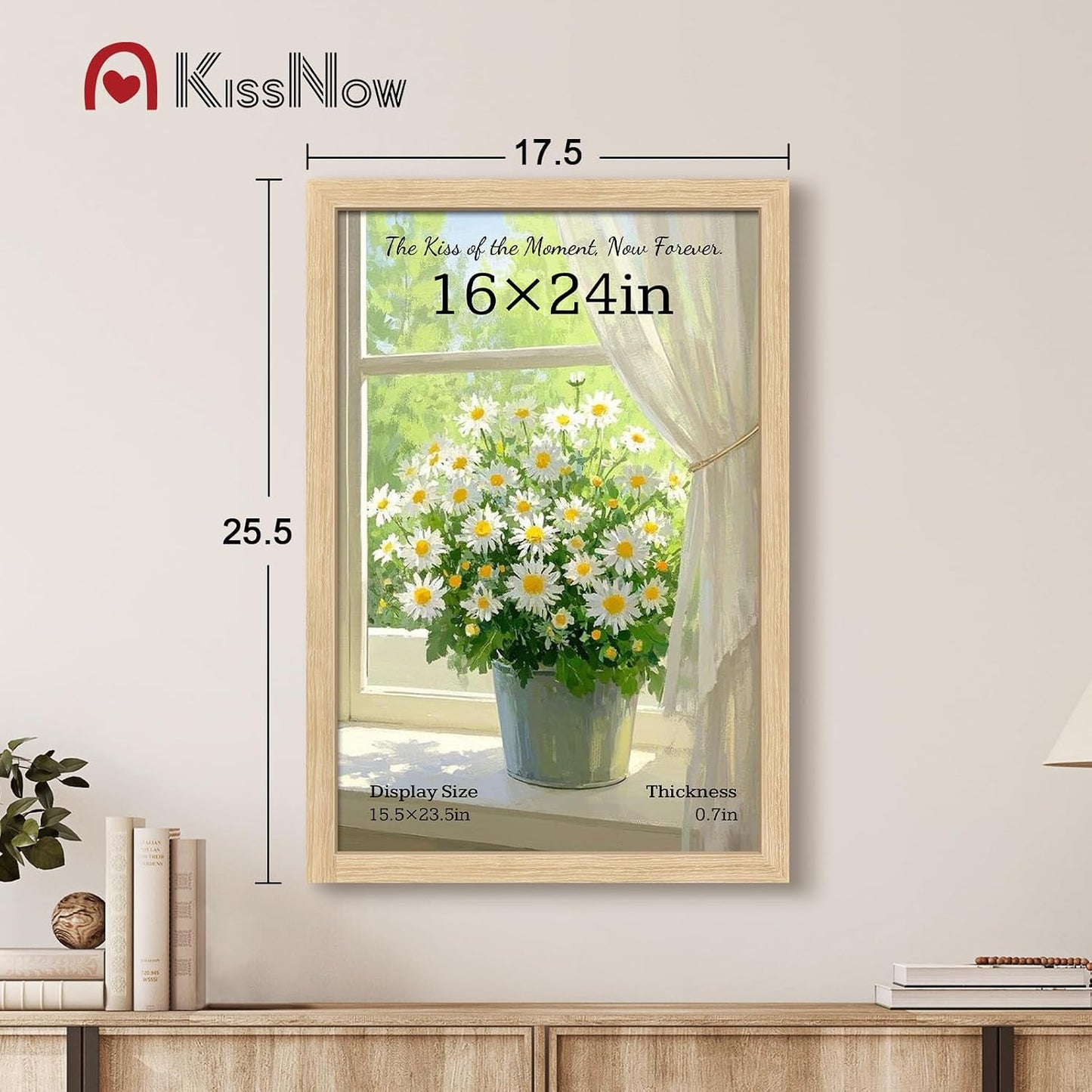 16x24 Picture Frame, Oak Solid Wood, 2 Pack, Wall Hanging for Art | Thick & Wide Border, HD Plexiglass, Horizontal or