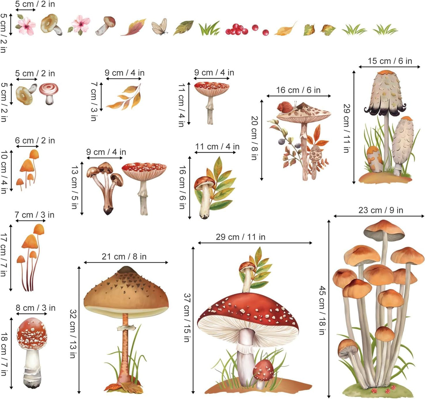 Woodland Mushroom Wall Decals Spring Forest Grass Easter Wall Stickers Girls Bedroom Living Room