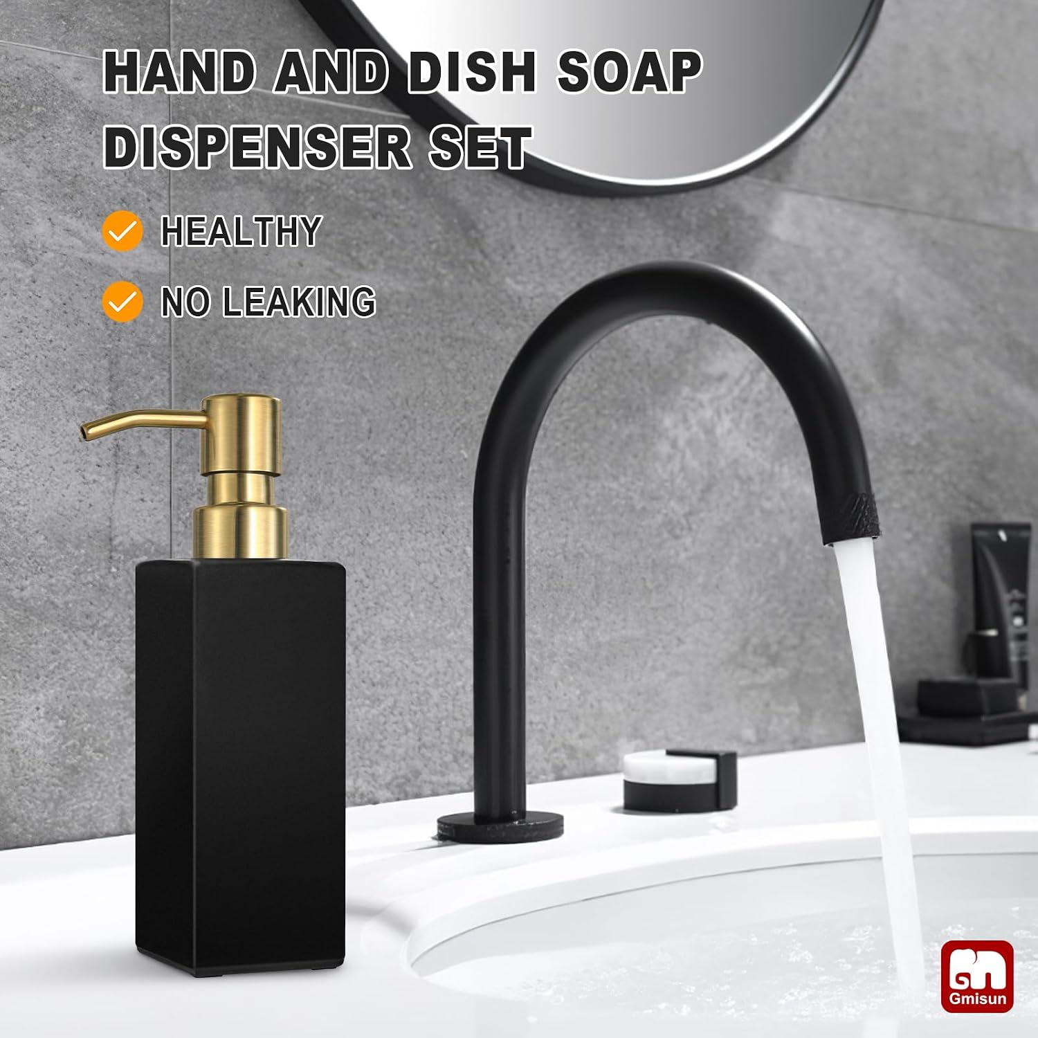 GMISUN Gold Soap Dispenser, Black Soap Dispenser Bathroom with Stainless Steel Pump, Hand and Dish Soap Dispensers Set