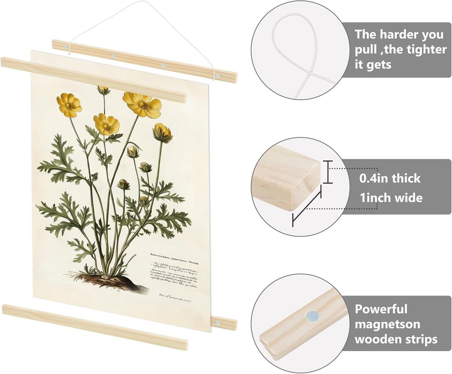 HEART ART Magnetic Poster Hanger Frame Nature Wood, 24inch, 3 Pack | 24x18, 24x30,24x36 Wooden Magnet Hanging Kit, Wall