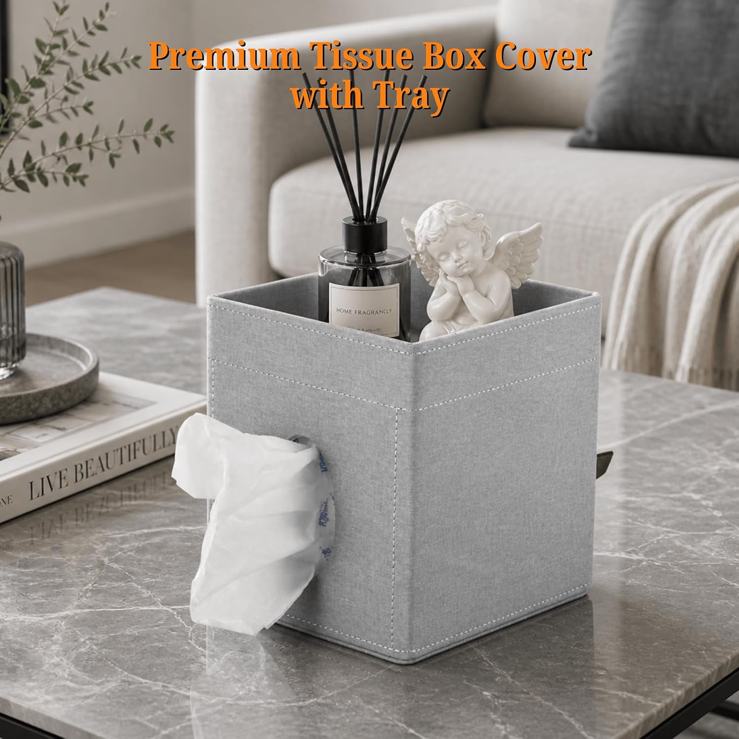 Storage Tray / Leather Tissue Box Cover / Grey