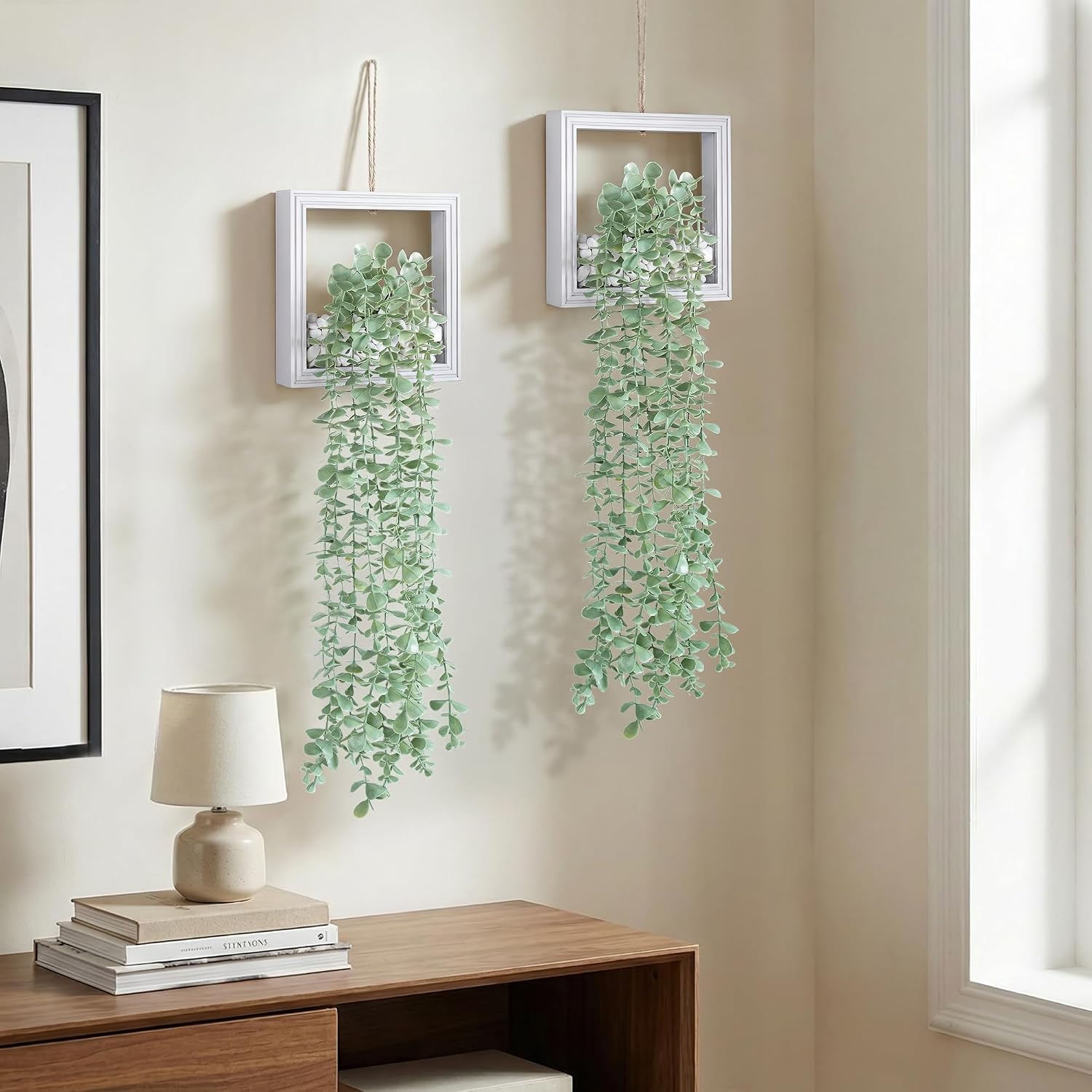 Artificial Eucalyptus Vines in Square Wooden Frame / 7.8" White / Set of 2