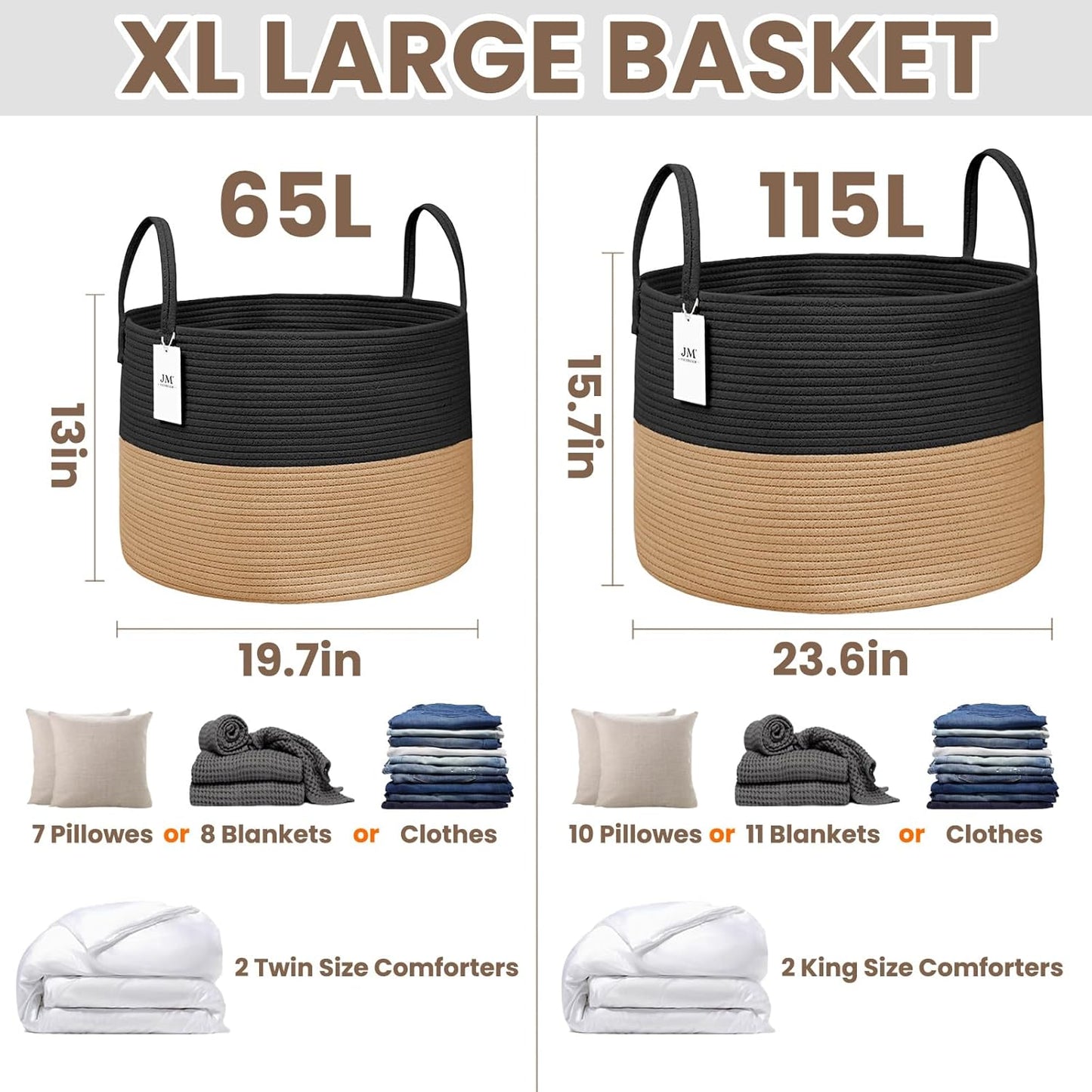 Extra Large Blanket Basket / Black&jute / 65L