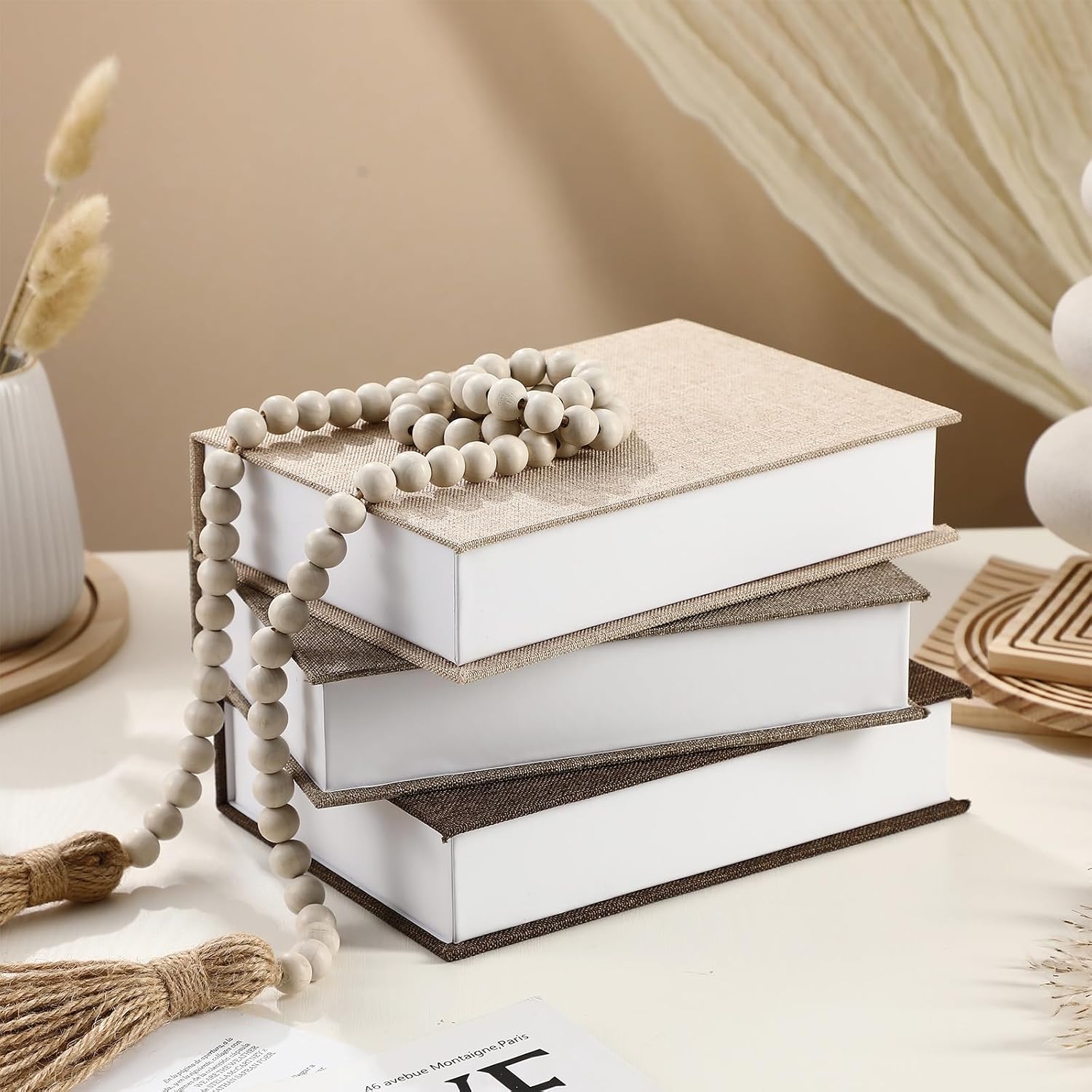 Fake Book Box Neutral Linen Book Box / 8.6 x 6.1 x 1.8 / Khaki, Dark Coffee, Light Coffee / Set of 3