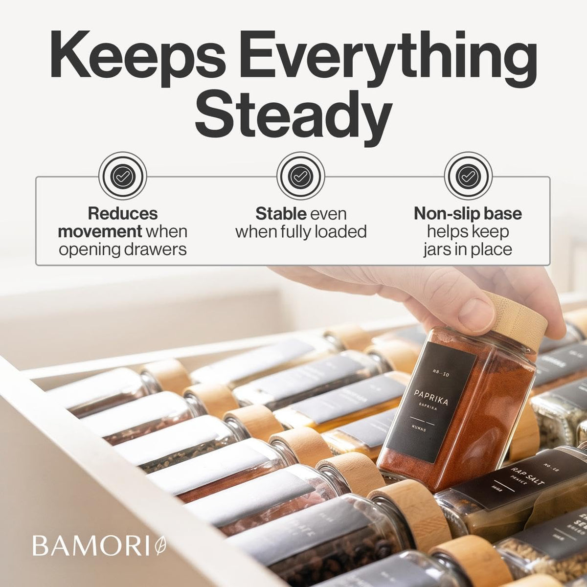 Bamboo Spice Drawer Organizer, Expandable 12 to 23 Inch Insert Holds 48 Jars, 4 Tier Seasoning Rack for Kitchen Drawer