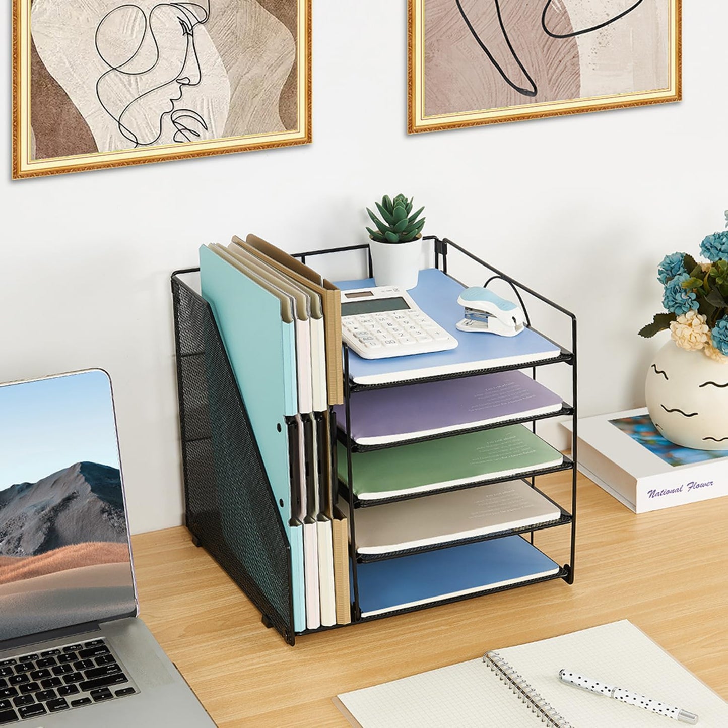 LEKETREE Desk Organizers and Accessories, 5-Tier Paper Letter Tray Organizer with File Holder, Desktop Organizer for