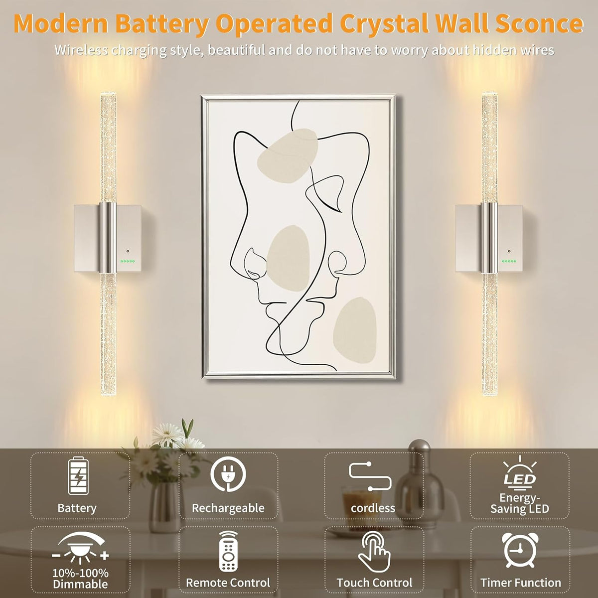 Battery Operated Wireless Wall Sconces, 2 Pack Dimmable Wall Lighting | Slypadan Extra Large Rechargeable