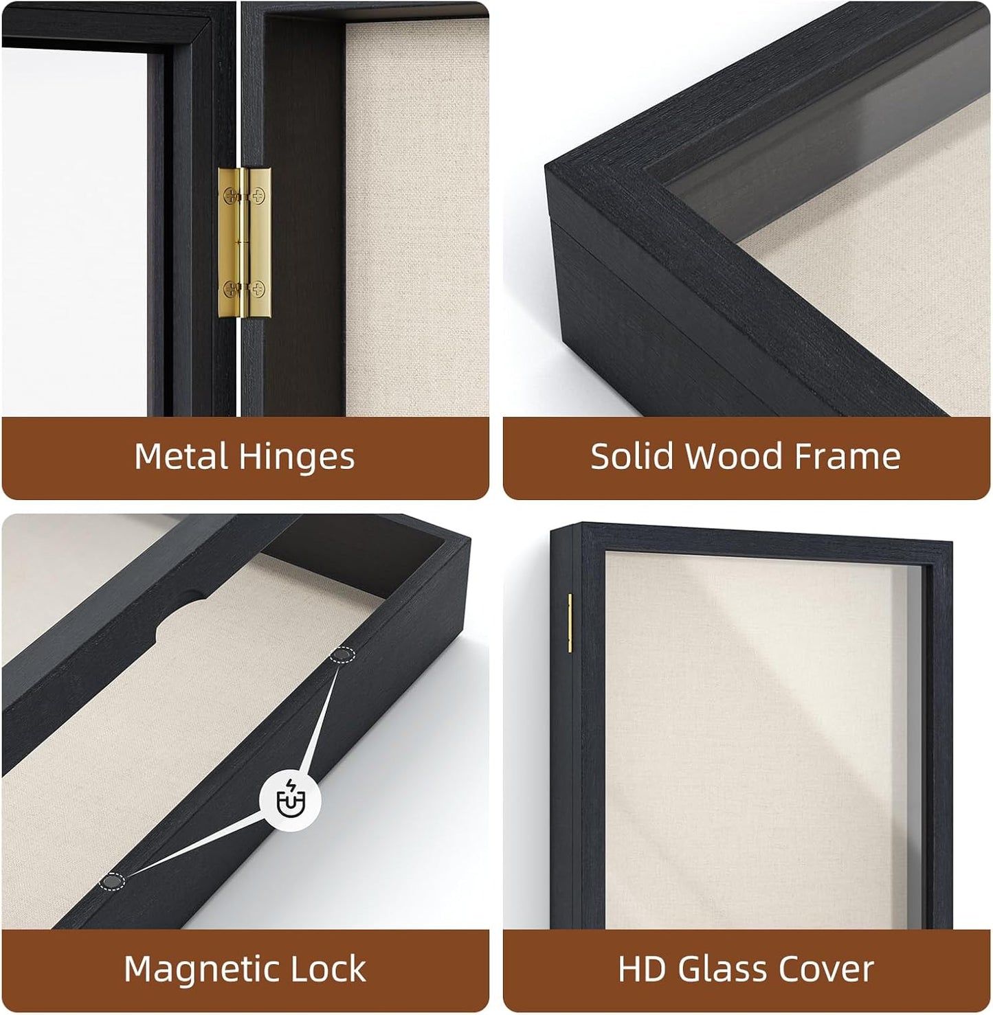 Love-KANKEI Deep Large Shadow Box 13x16.5,Solid Wood Frame,Memory Box,Black | Front-Opening Glass Magnetic Door,Linen