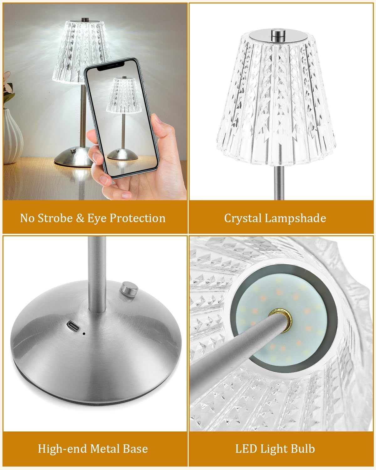 Nusogon Cordless Touch Table Lamp, LED Rechargeable Small Dask Lamp | 3 Colors Dimmable Silver Battery Operated Crystal