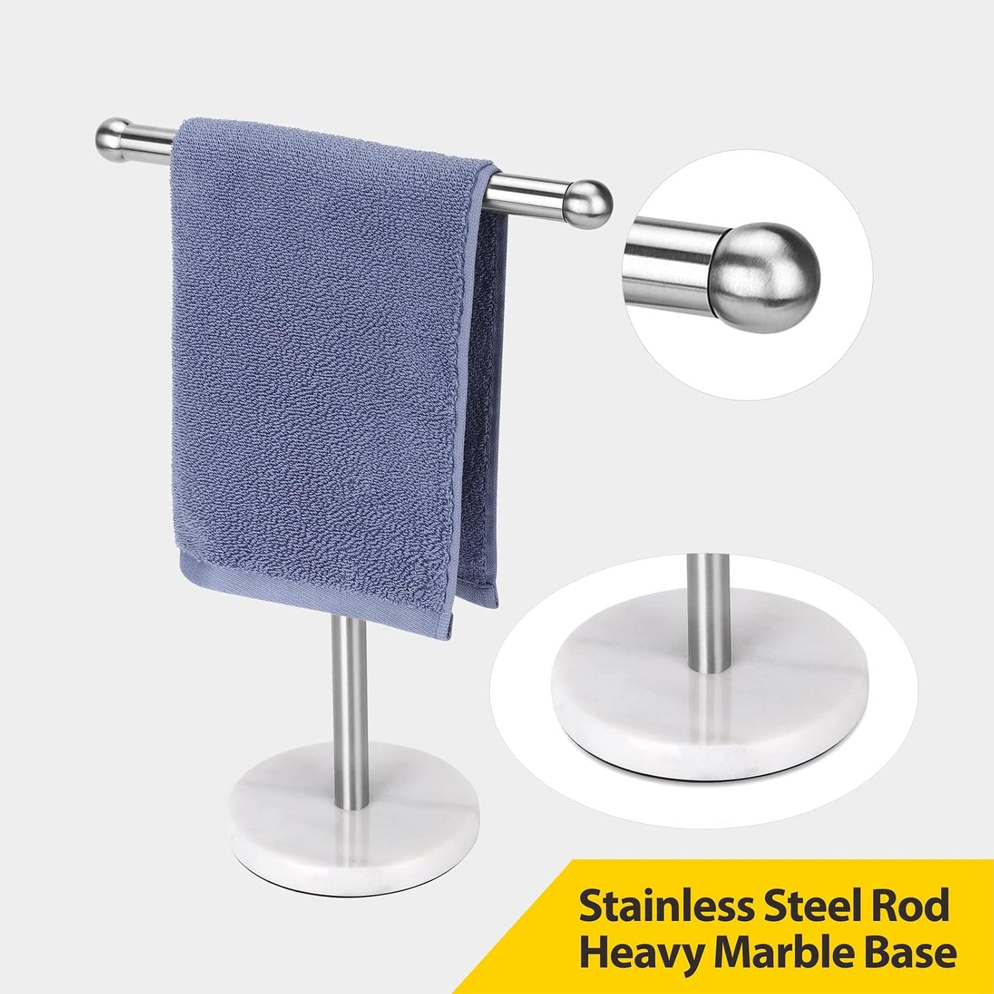 Hand Towel Holder Stand with Heavy Marble Base, T-Shape Towel Rack, Free-Standing for Bathroom Vanity Countertop, 304