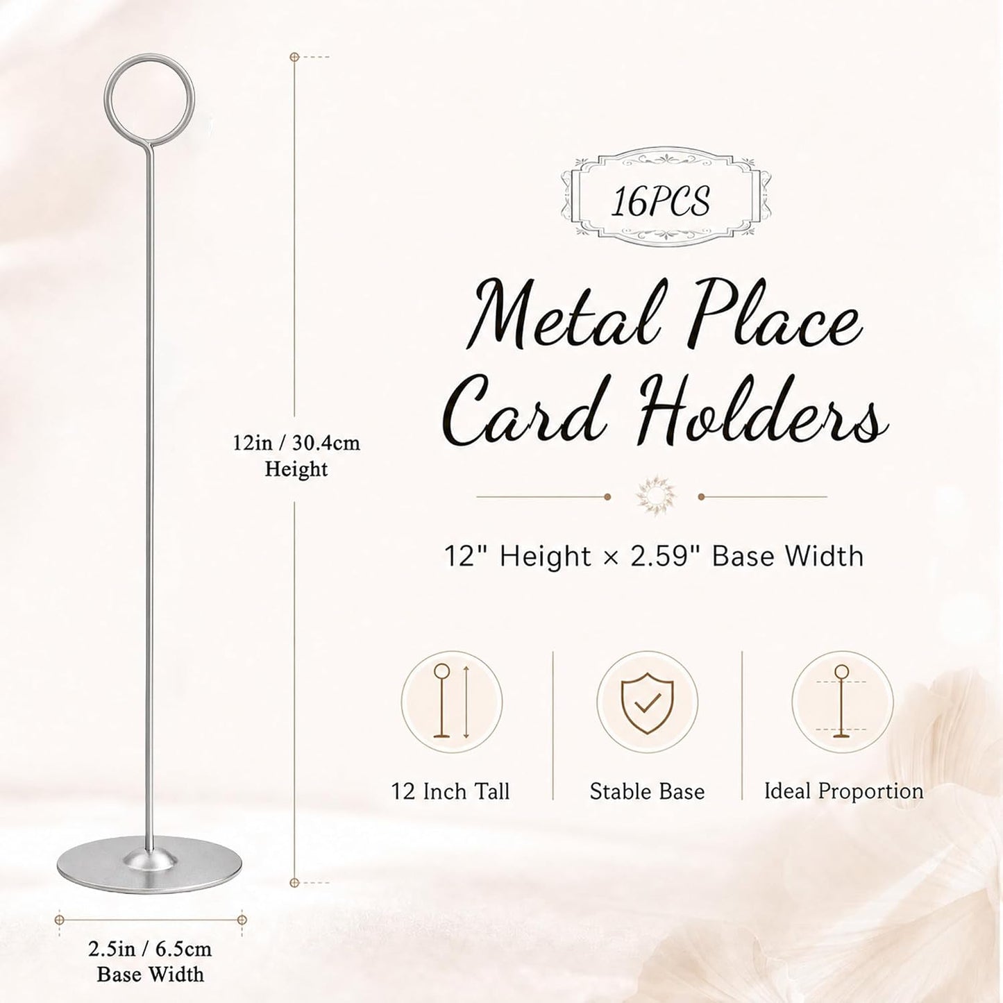 12 Inch Matte Silver Steel Place Card Holder,16 Pack Table Number Holder | Table Card Stand,Table Number Stand for