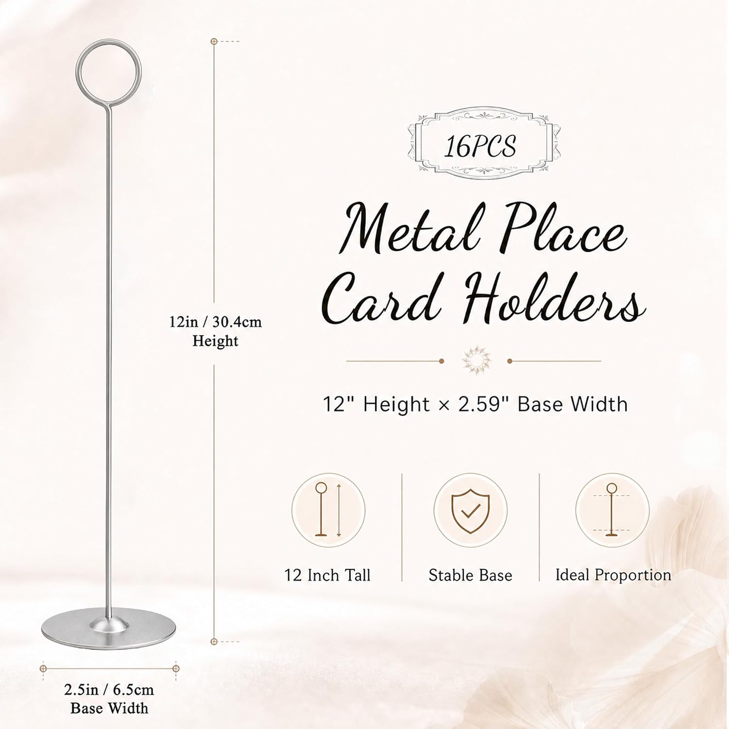 12 Inch Matte Silver Steel Place Card Holder,16 Pack Table Number Holder | Table Card Stand,Table Number Stand for