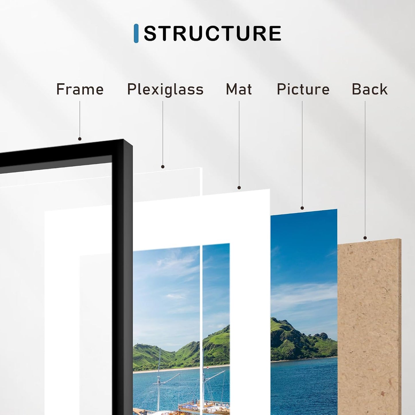 Wiscet 8.5x11 Picture Frame Set of 9, for Wall or Tabletop Display, Black | Display Pictures 6x8 with Mat or 8.5x11