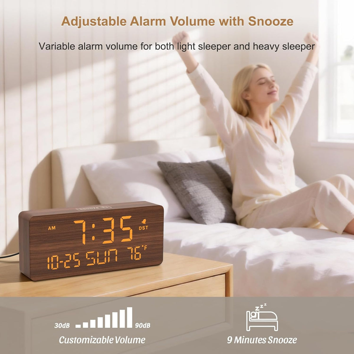 DreamSky Wooden Digital Alarm Clocks for Bedrooms with Date & Day of Week | Living Room Desk Clock, Temperature, USB