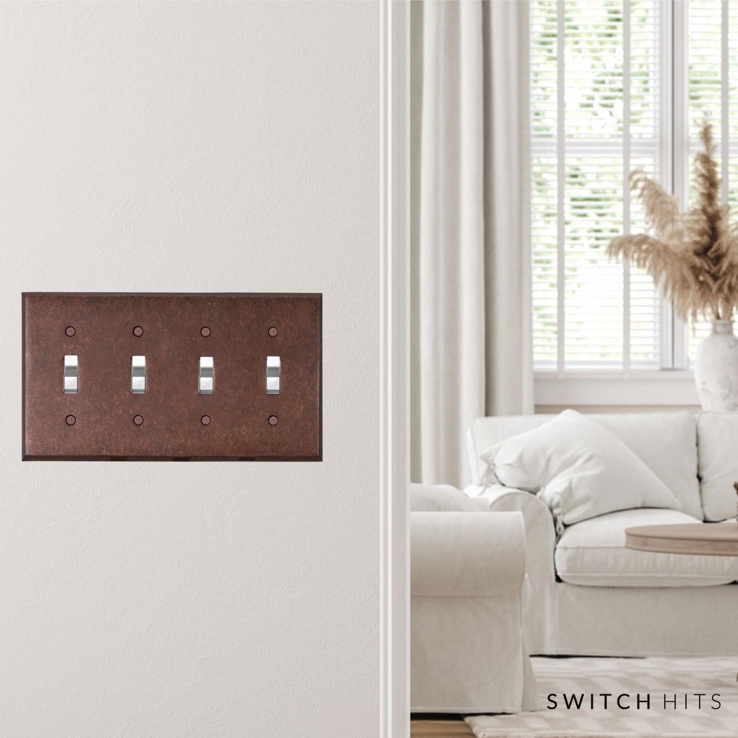 Mottled Antique Copper Outlet Wall Plate | 4 Toggle | 8.25" x 4.5" | Hand-Polished Brass Construction | Electrical