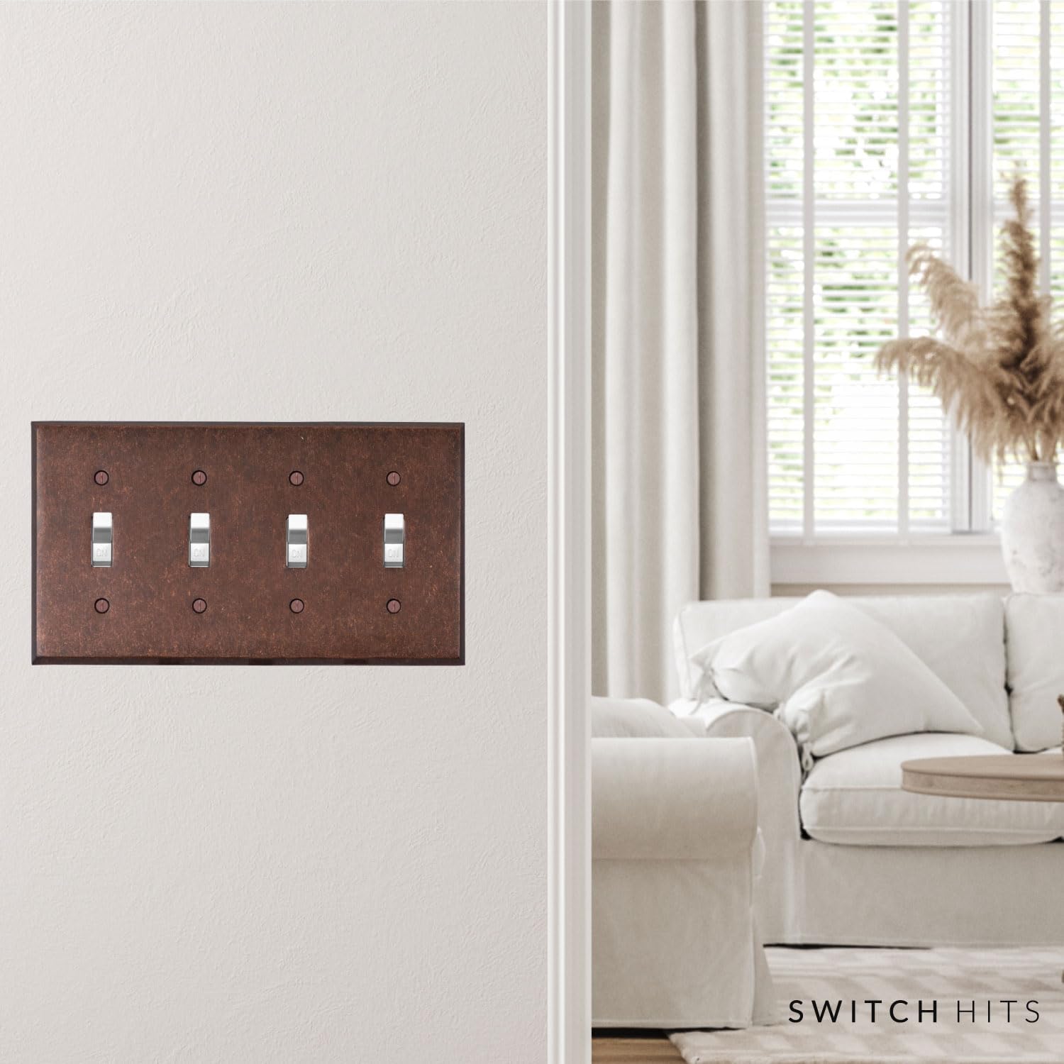 Mottled Antique Copper Outlet Wall Plate | 4 Toggle | 8.25" x 4.5" | Hand-Polished Brass Construction | Electrical