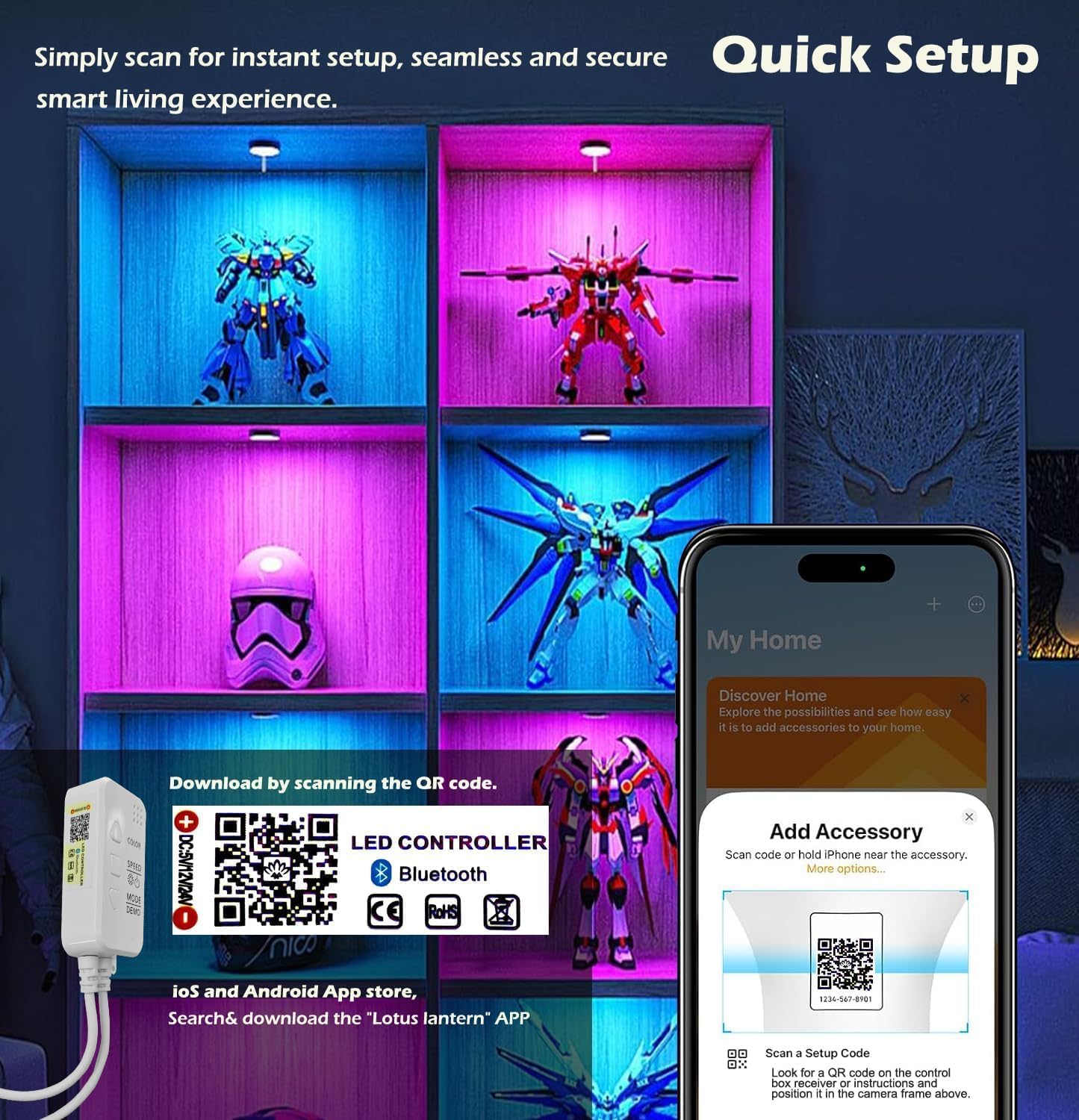 Cefrank Color Cabinet Lighting, 4pcs 12" Linkable RGB LED Light Bar Kit for Display Cabinet, Smart App & Remote