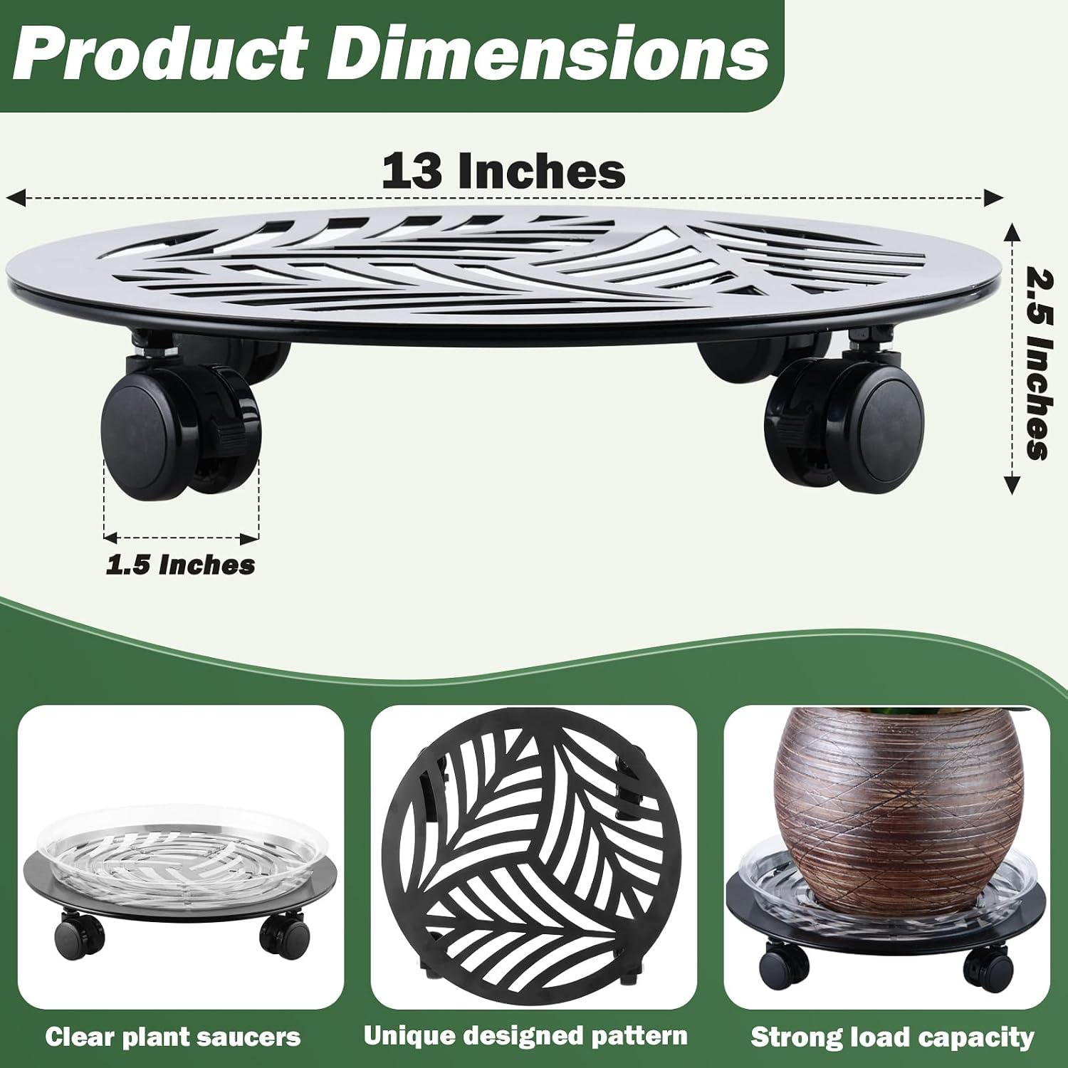 3 Packs 13 inches Large Metal Plant Caddy with PU Wheels Heav-Duty Rolling Plant Stands Indoor Outdoor Wheeled Plant