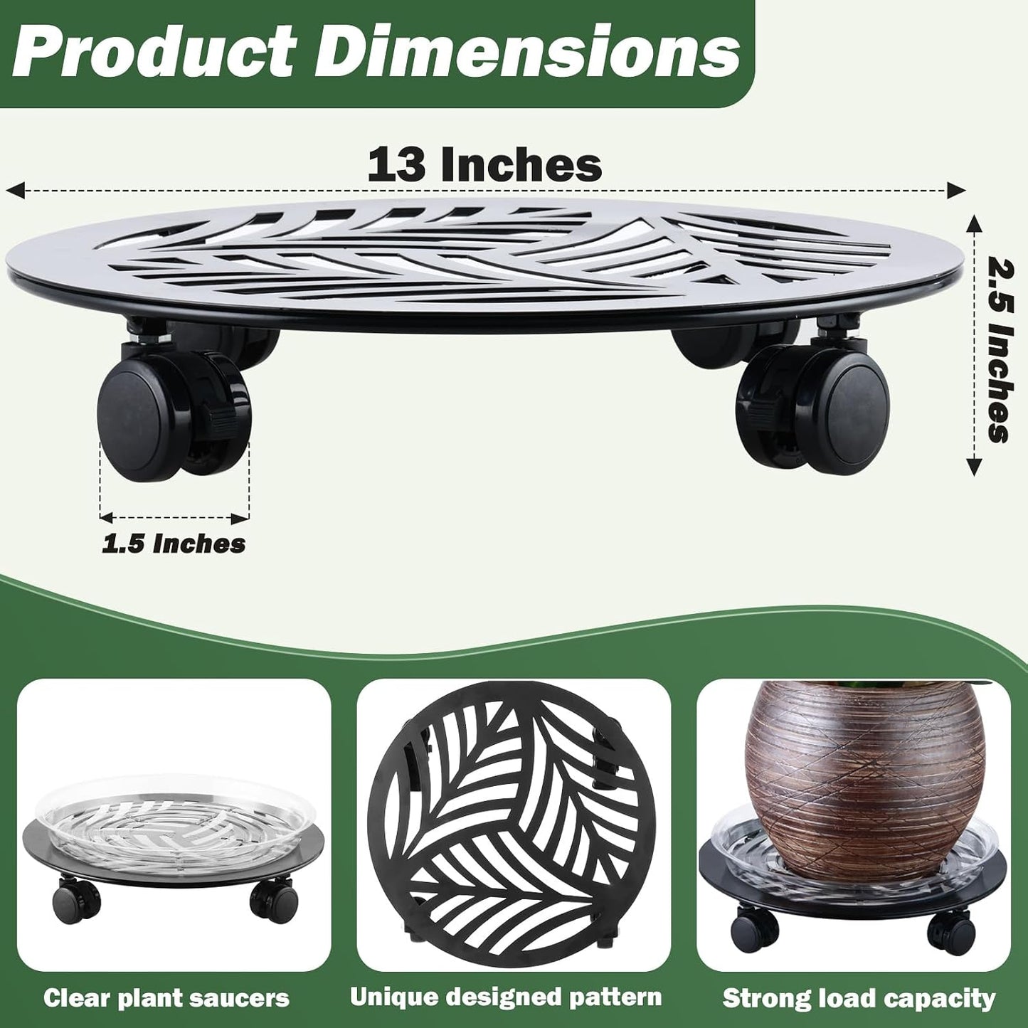 4 Packs Large Metal Plant Caddy with PU Wheels 13" Heav-Duty Wroght Iron Rolling Plant Stands Indoor Outdoor Wheeled