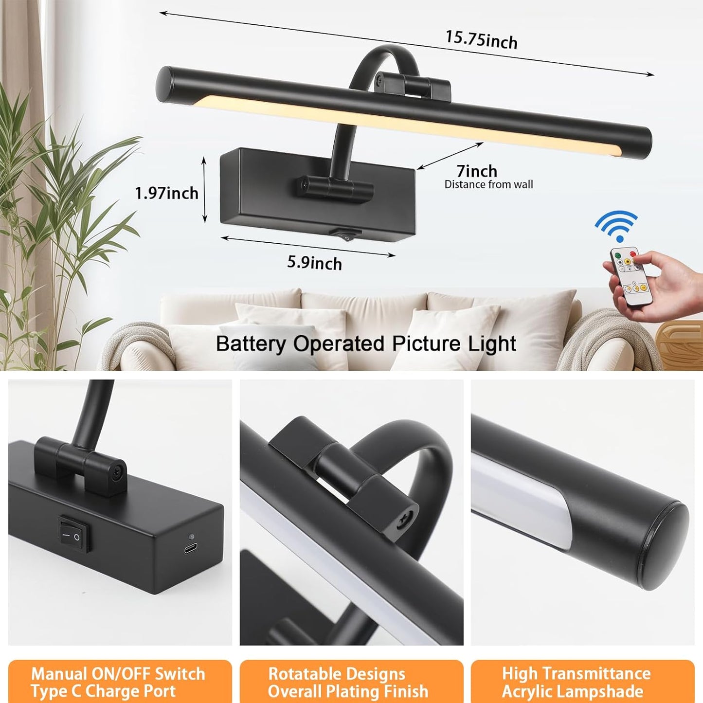 Tassuowell Wireless Battery Operated Picture Light,Rechargeable Wall Light with Remote and Timer,15.75 Inch Black