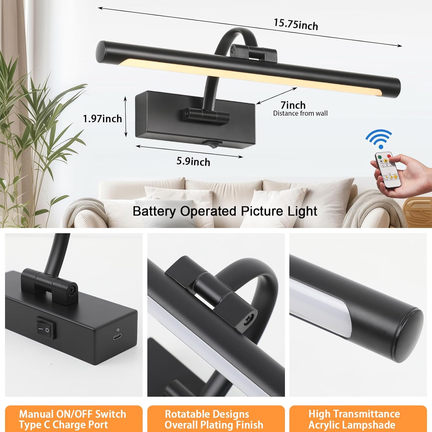 Tassuowell Wireless Battery Operated Picture Light,Rechargeable Wall Light with Remote and Timer,15.75 Inch Black