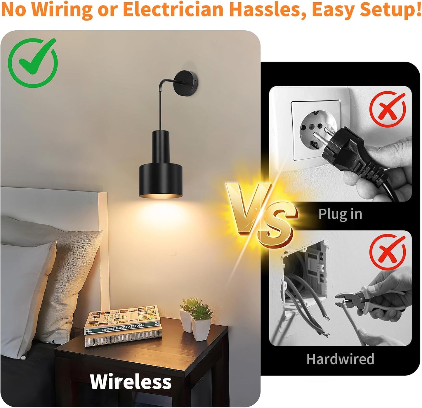 VerRon Rechargeable Wireless Battery Operated Wall Sconces Set of Two | Black Battery Powered Light with Dimmable