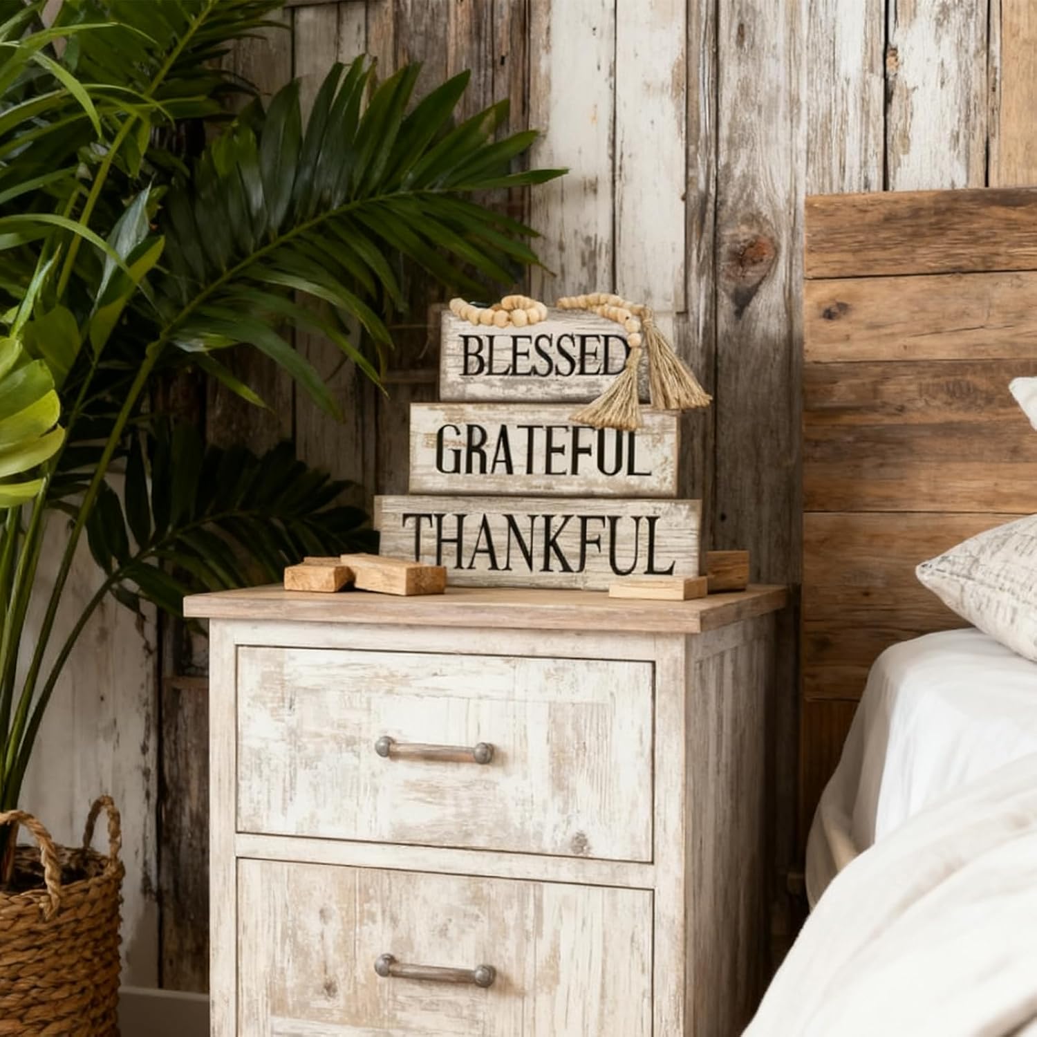 Farmhouse Wooden Tabletop Decor Neutral Farmhouse Tiered Tray Decor Rustic / Blessed / Set of 4