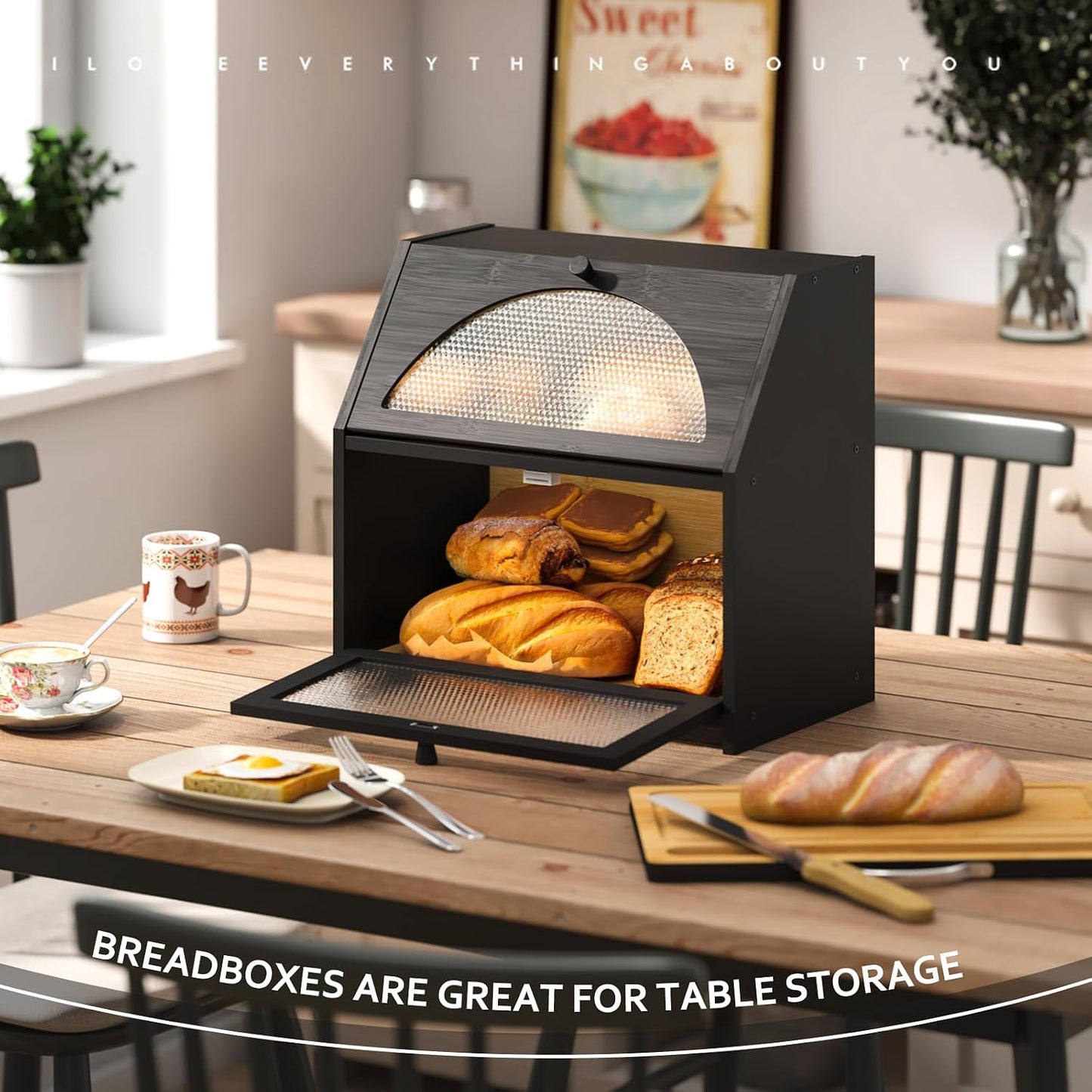 STDDRE Double Layer Bamboo Corner Bread Box with Cutting Board(Black) | Extra-large capacity. Double Layer Bread