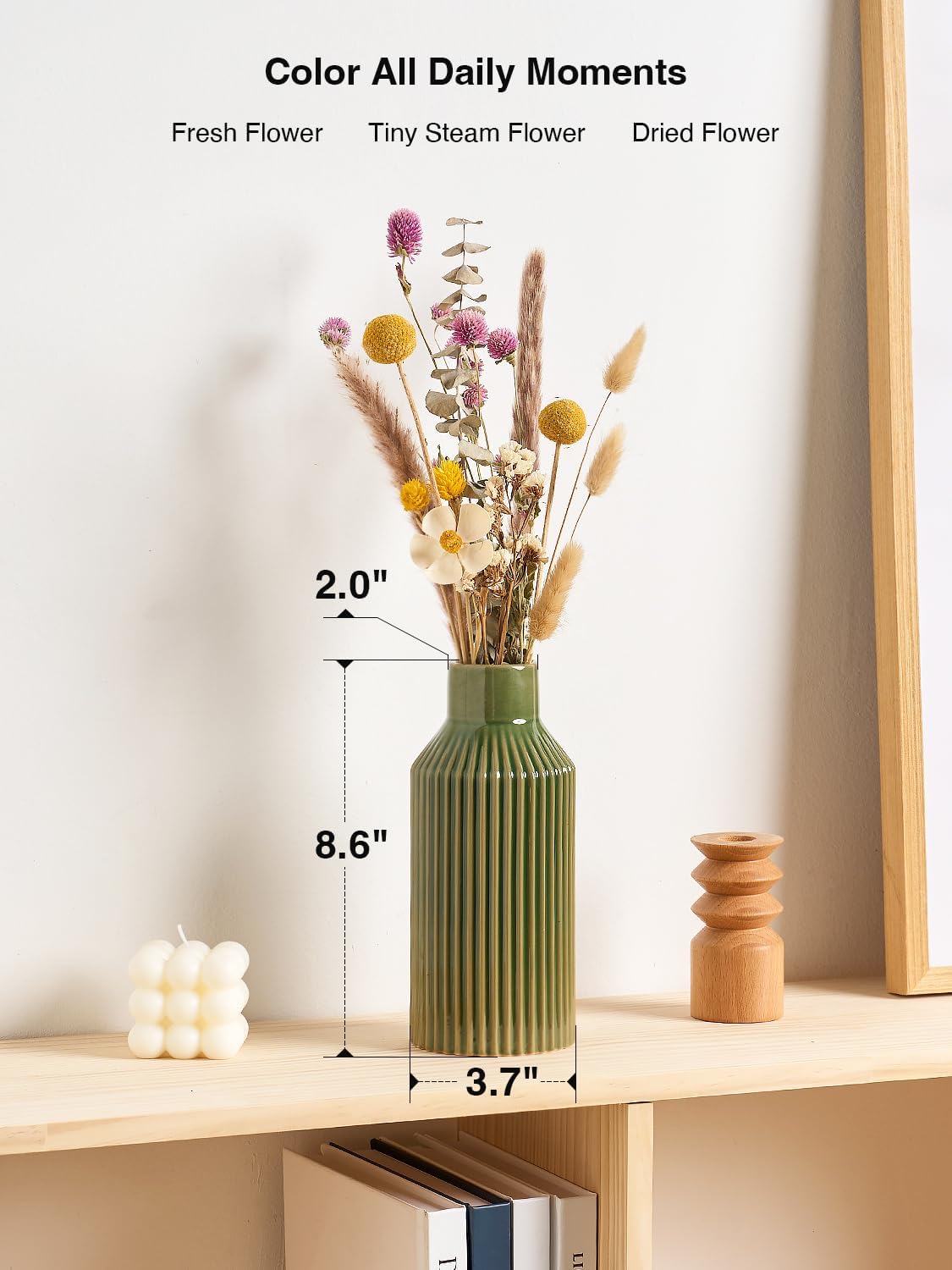 Green Ceramic Flower Vase / 3 Green / 8 Inch