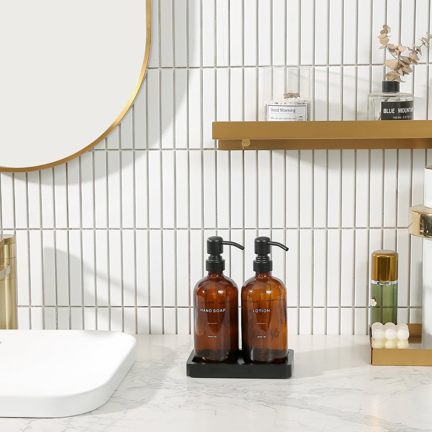 Prus Waso Amber Glass Soap Dispenser Set | Hand Soap and Lotion Set with Black Stainless Steel Pump, Perfect for Modern