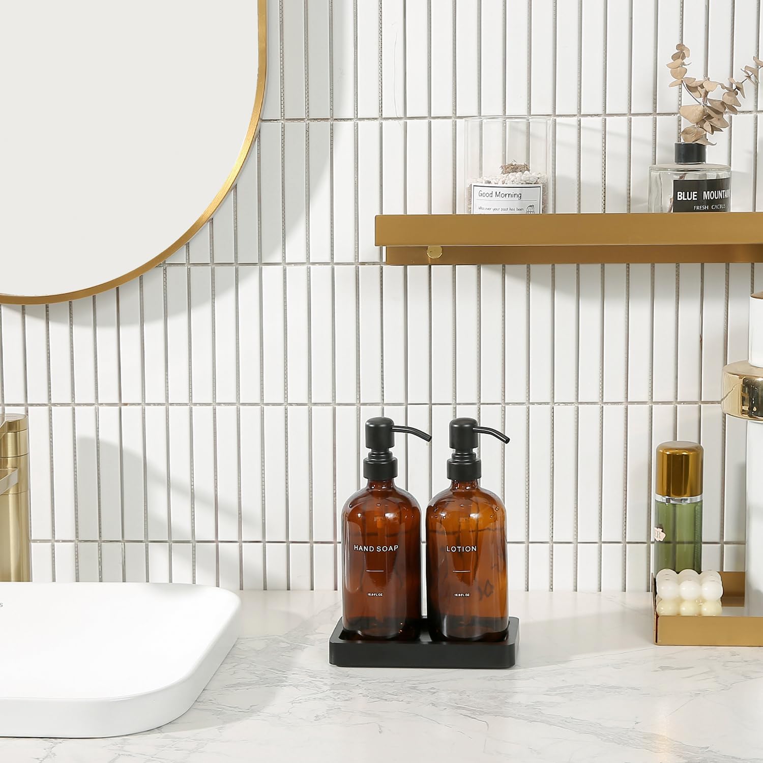 Prus Waso Amber Glass Soap Dispenser Set | Hand Soap and Lotion Set with Black Stainless Steel Pump, Perfect for Modern