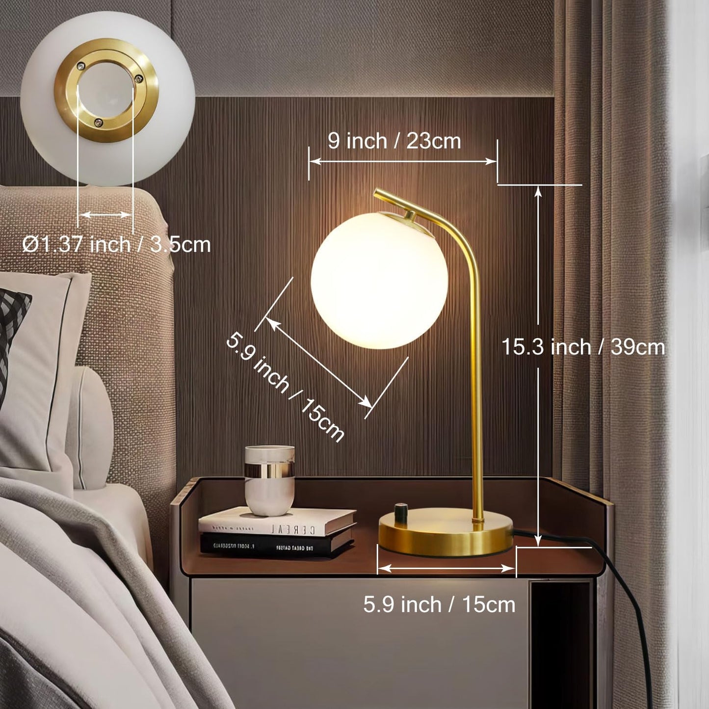 Mid Century Modern Dimmable Globe Table Lamp, Gold,15.3'' high | Minimalist Nightstand Desk Lamp with Milk White Glass